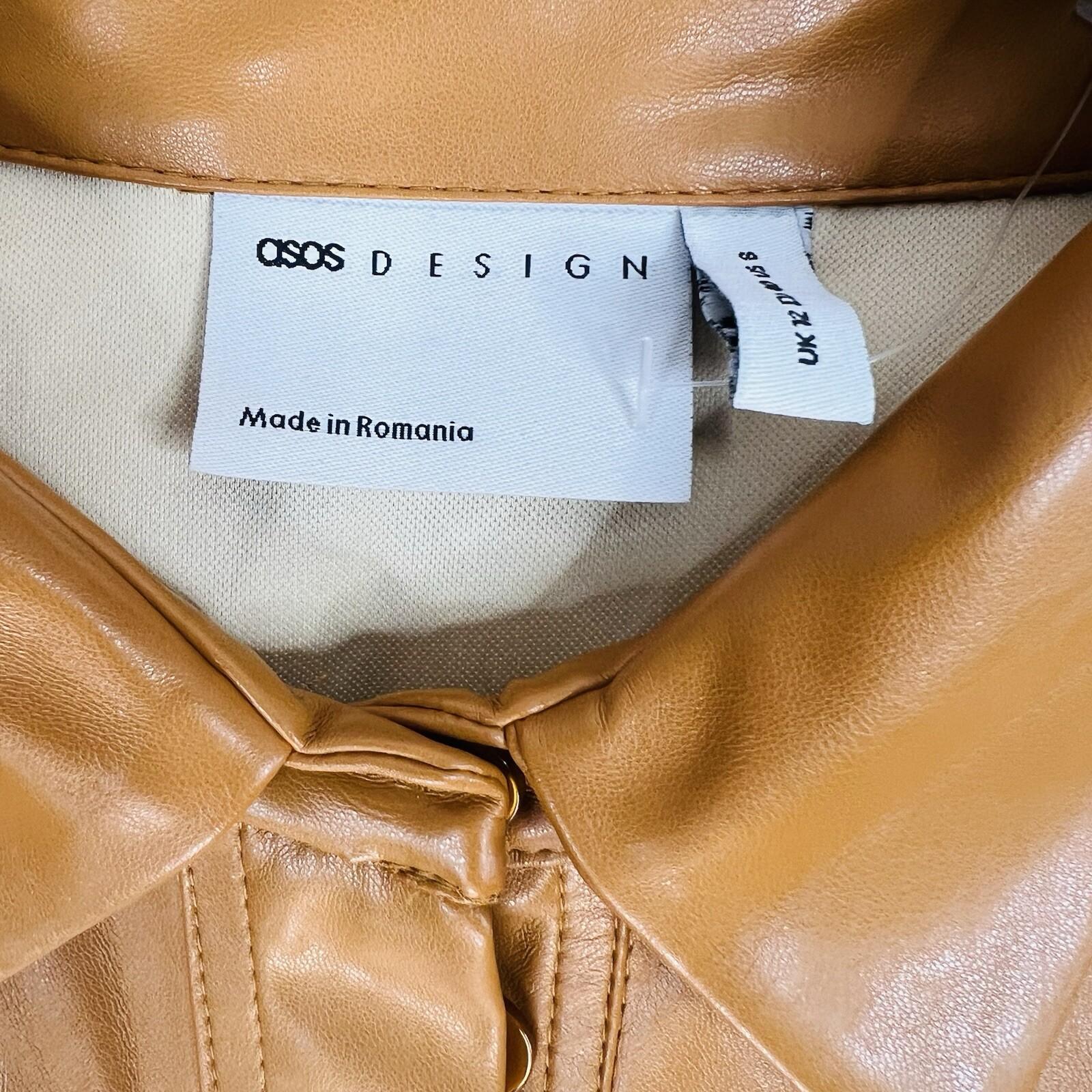 Asos Design Leather Look Jumpsuit Size 8 Caramel Faux leather Belted New