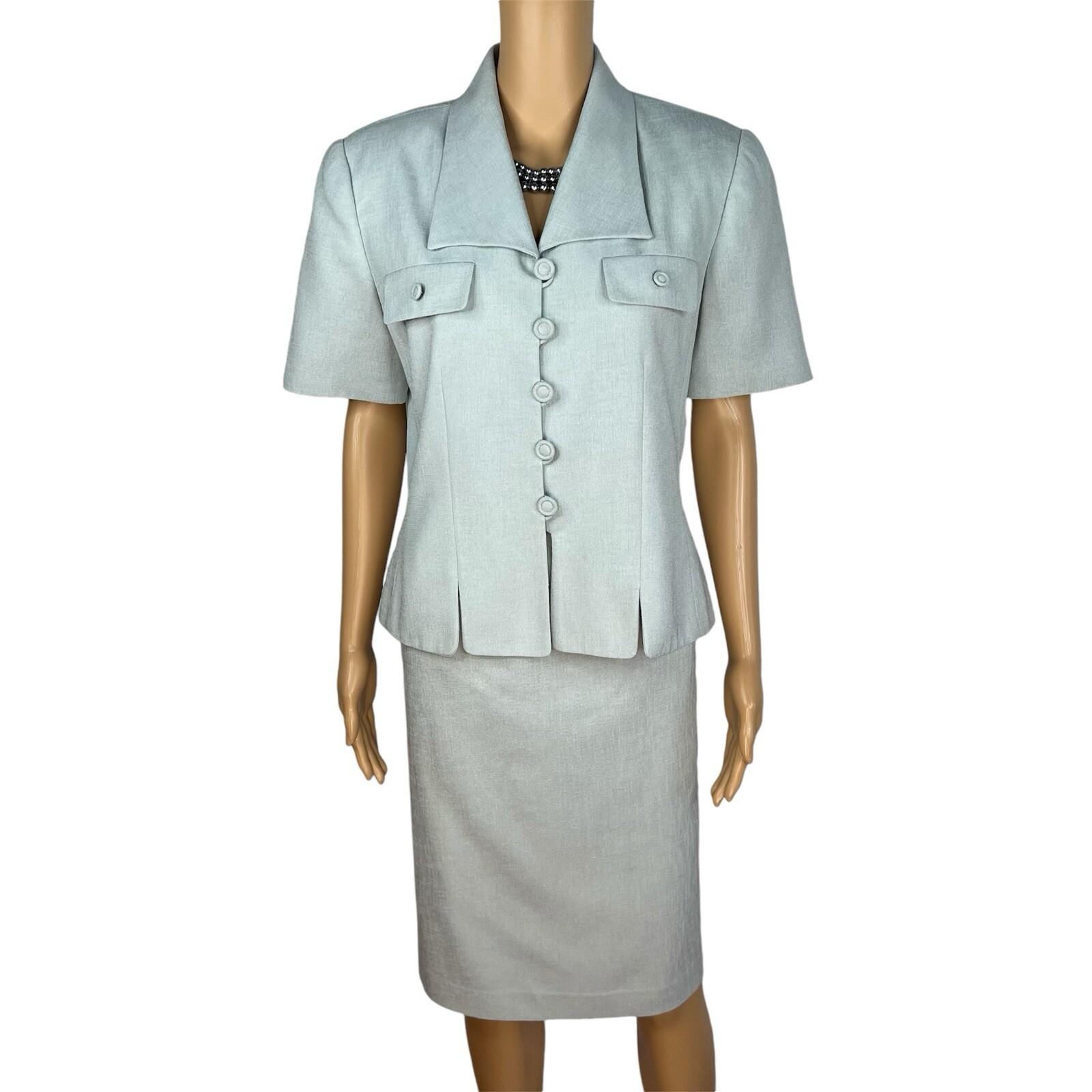 Kasper ASL Vintage Polyester Skirt Suit Size 10 Ice Blue Short Sleeve Career 2PC