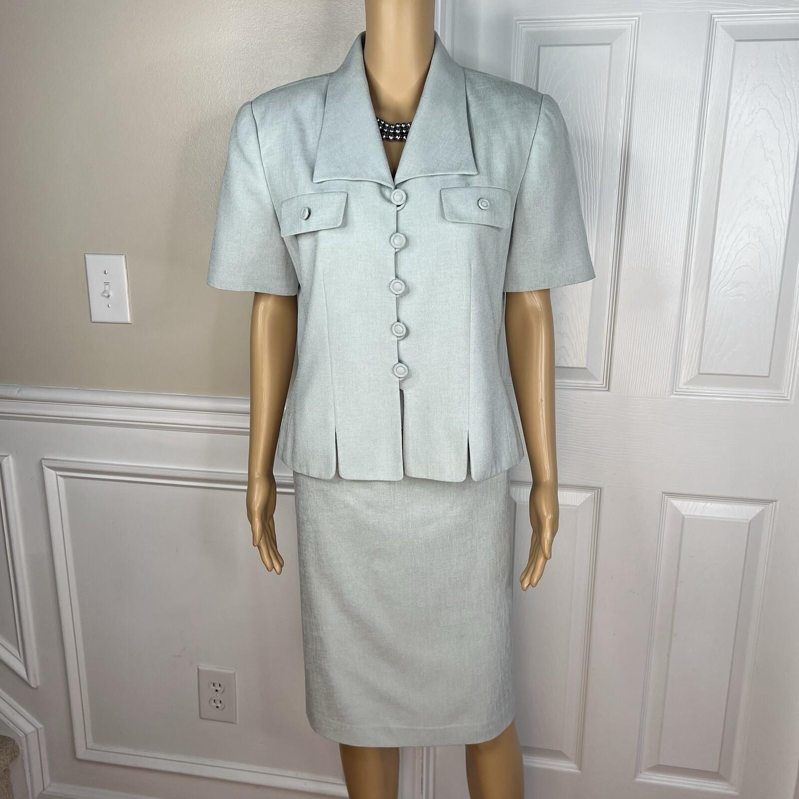 Kasper ASL Vintage Polyester Skirt Suit Size 10 Ice Blue Short Sleeve Career 2PC