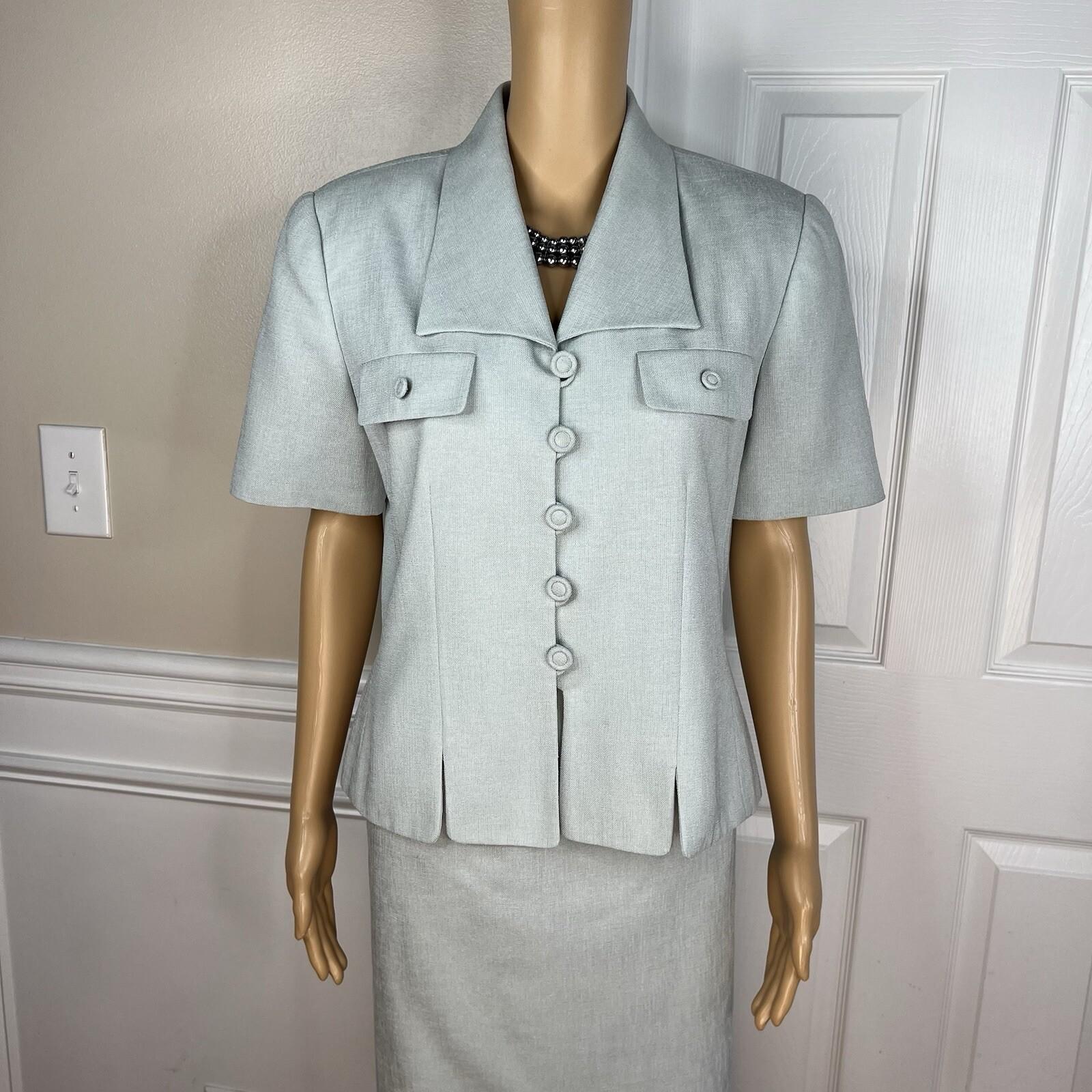 Kasper ASL Vintage Polyester Skirt Suit Size 10 Ice Blue Short Sleeve Career 2PC