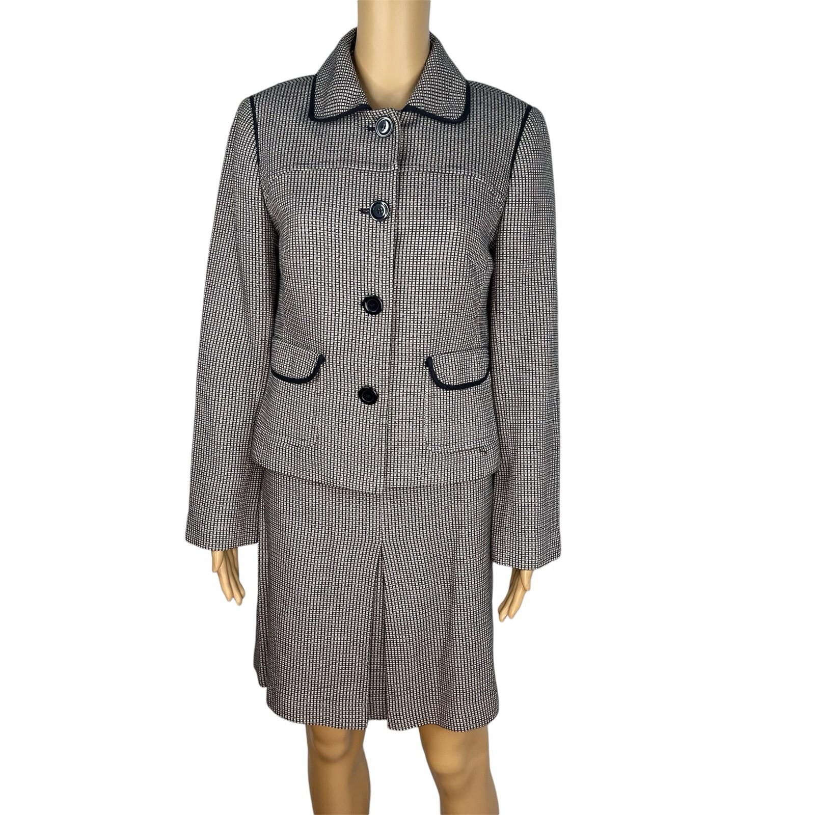 Ann Taylor Loft Cotton Skirt Suit Size 6 Beige Black Lined Career Pockets 2PC
