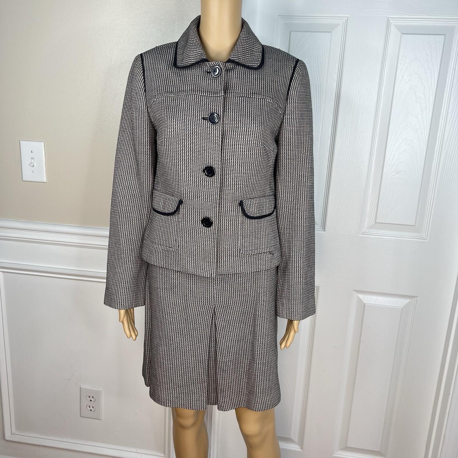 Ann Taylor Loft Cotton Skirt Suit Size 6 Beige Black Lined Career Pockets 2PC
