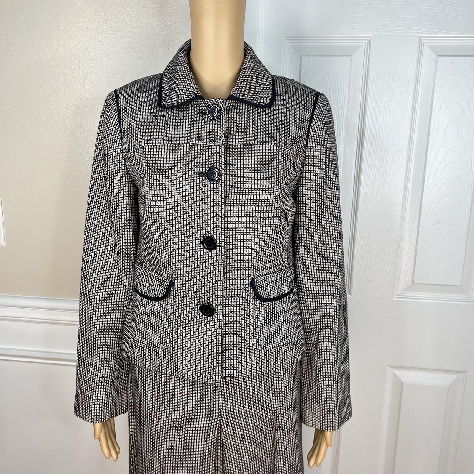 Ann Taylor Loft Cotton Skirt Suit Size 6 Beige Black Lined Career Pockets 2PC