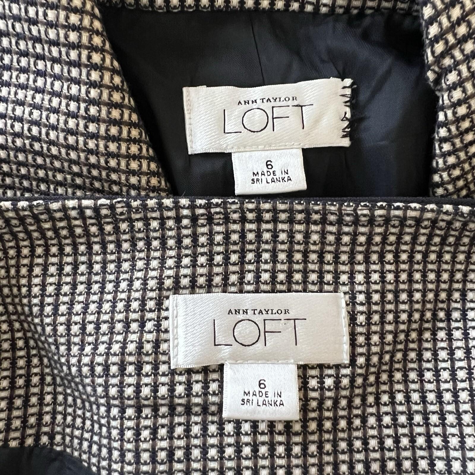 Ann Taylor Loft Cotton Skirt Suit Size 6 Beige Black Lined Career Pockets 2PC