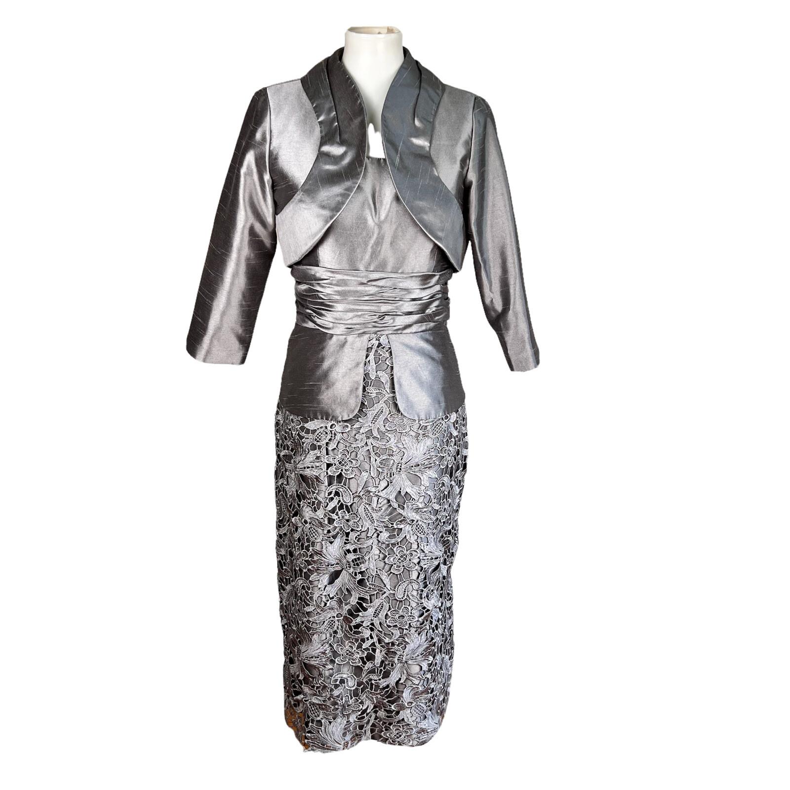 Nina Nischelle Polyester Lace Sheath Dress Cropped Suit Size 8 Silver 2PC