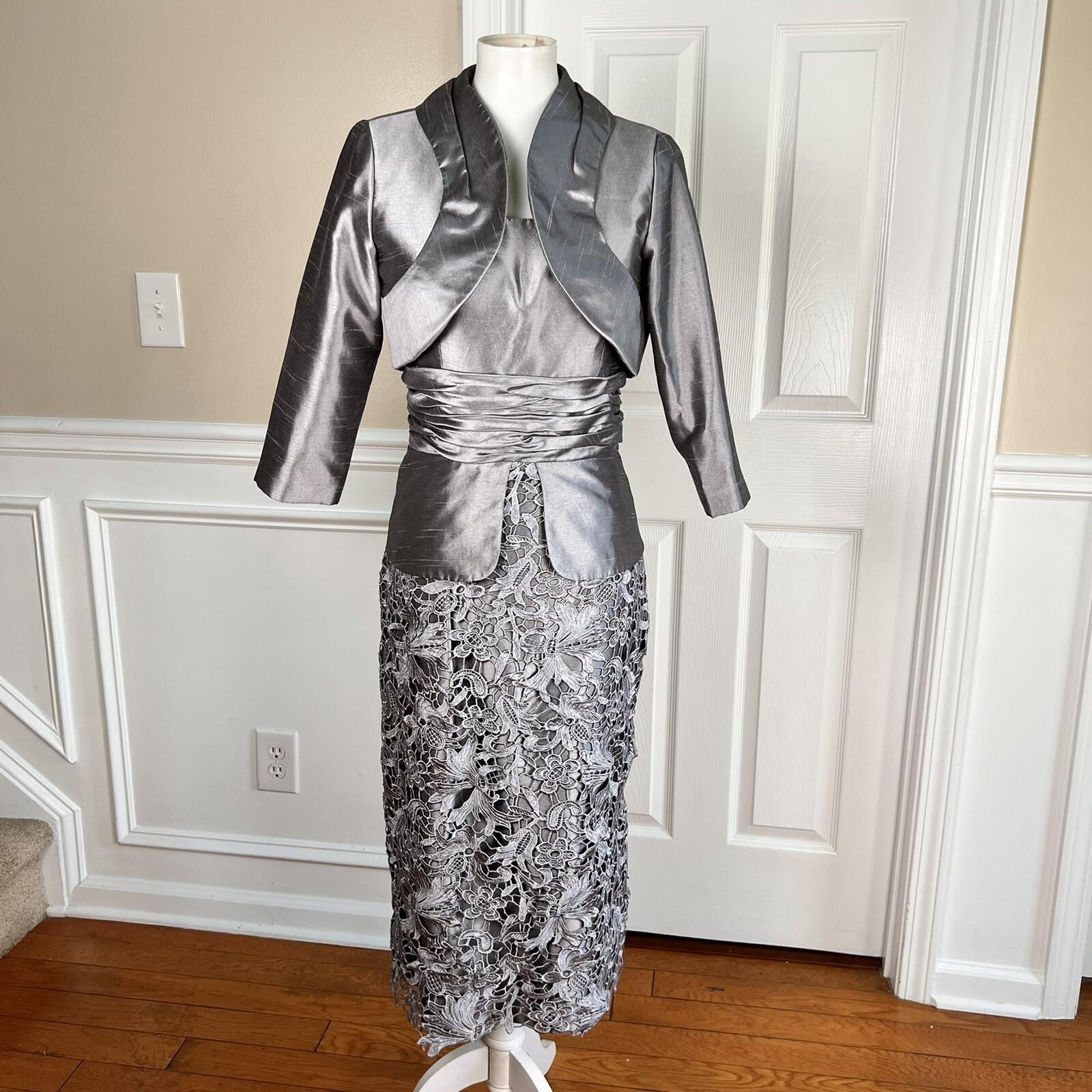 Nina Nischelle Polyester Lace Sheath Dress Cropped Suit Size 8 Silver 2PC