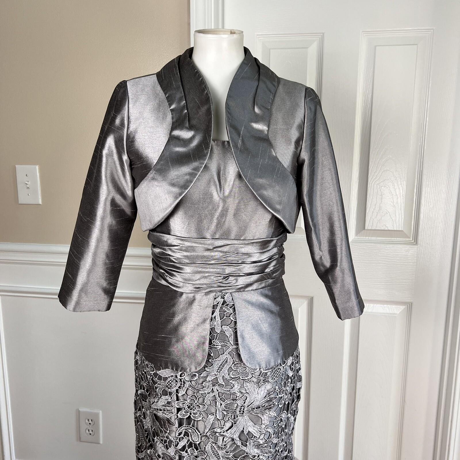 Nina Nischelle Polyester Lace Sheath Dress Cropped Suit Size 8 Silver 2PC