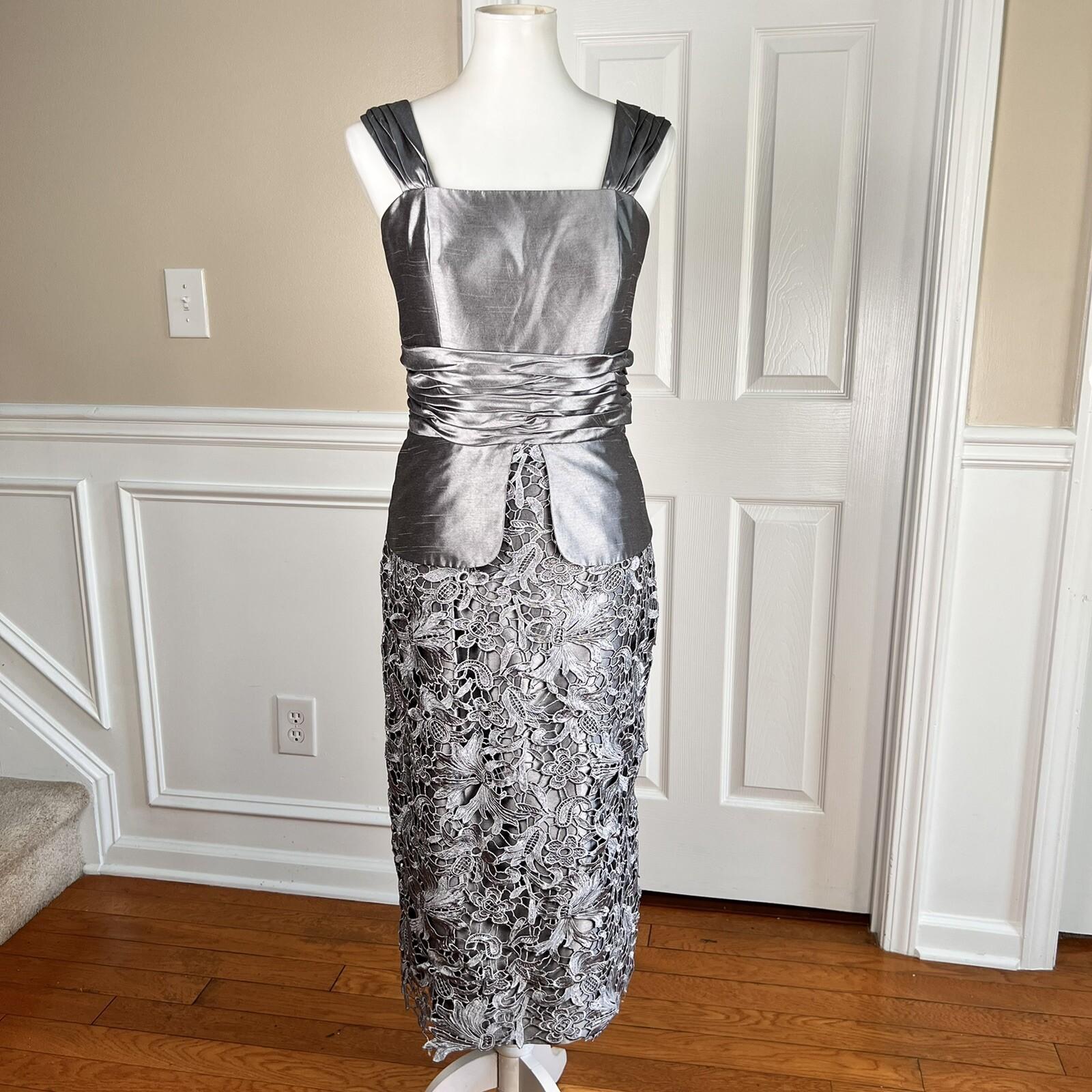 Nina Nischelle Polyester Lace Sheath Dress Cropped Suit Size 8 Silver 2PC