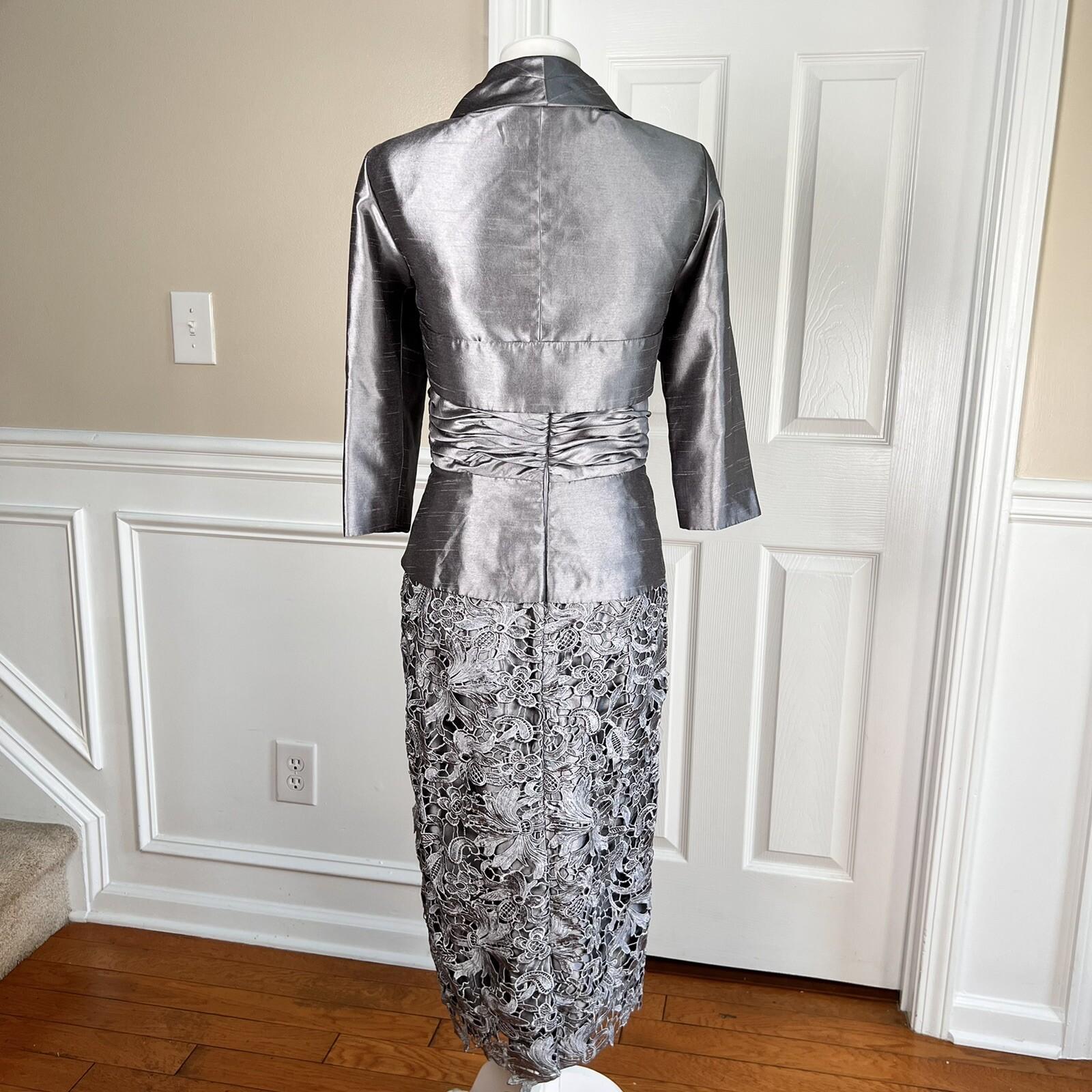 Nina Nischelle Polyester Lace Sheath Dress Cropped Suit Size 8 Silver 2PC