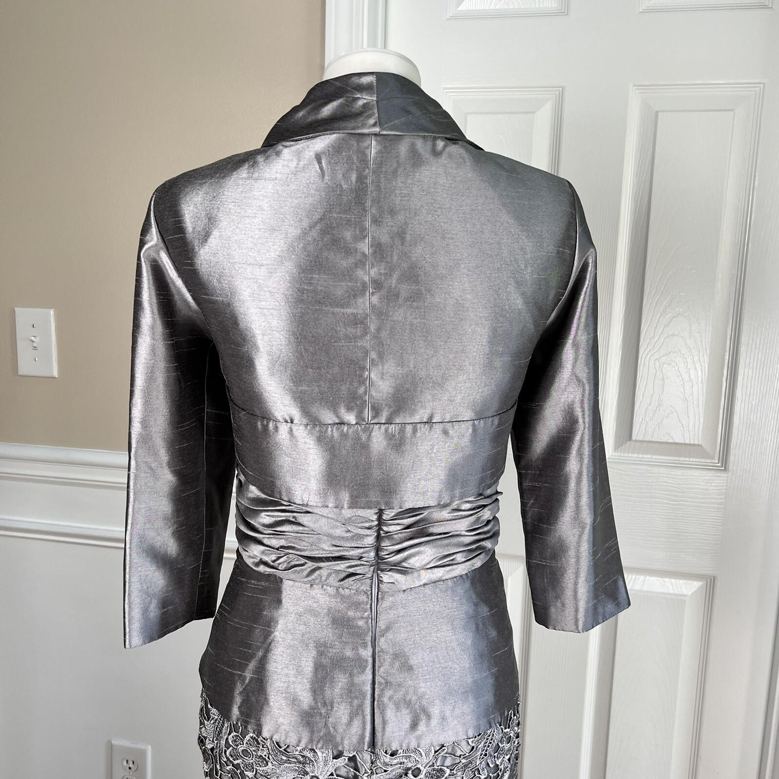 Nina Nischelle Polyester Lace Sheath Dress Cropped Suit Size 8 Silver 2PC
