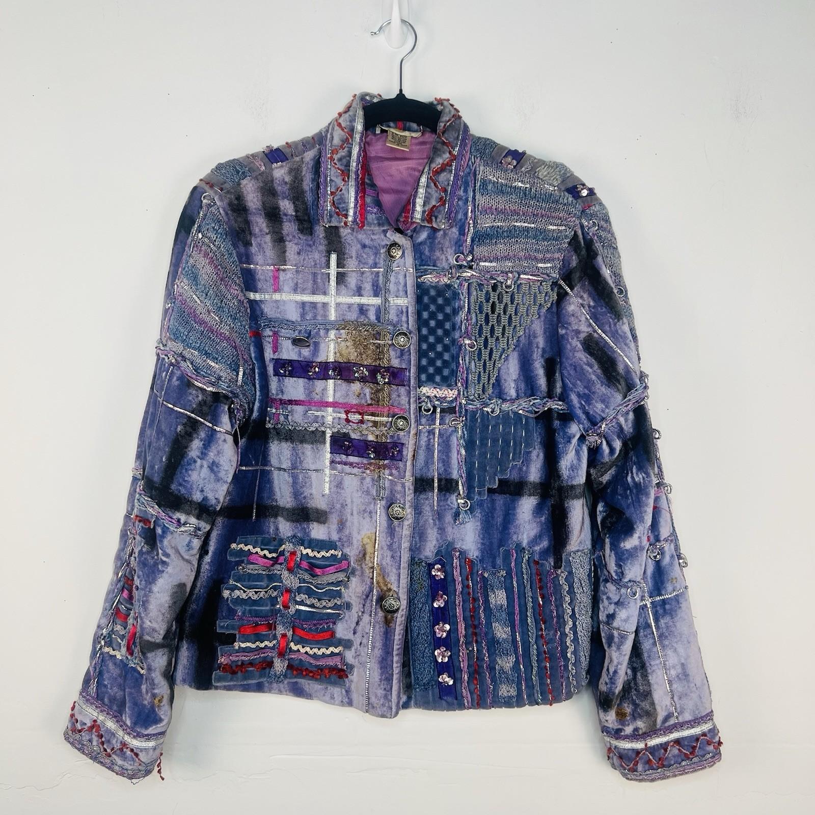 Vintage Sandy Starkman Artsy Jacket M Embroidered Crochet Patchwork Gray Pink
