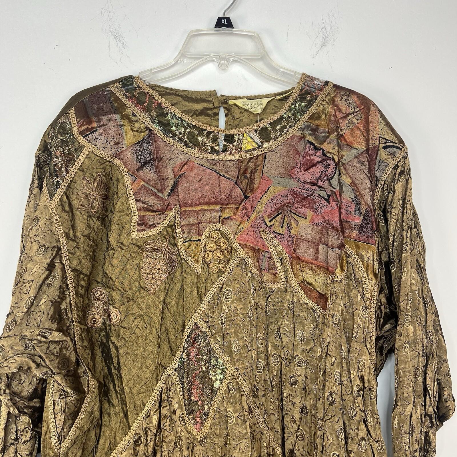 Vintage Giallo Napoli  Blouse Size L Artsy Floral Embroidered Weaving Country