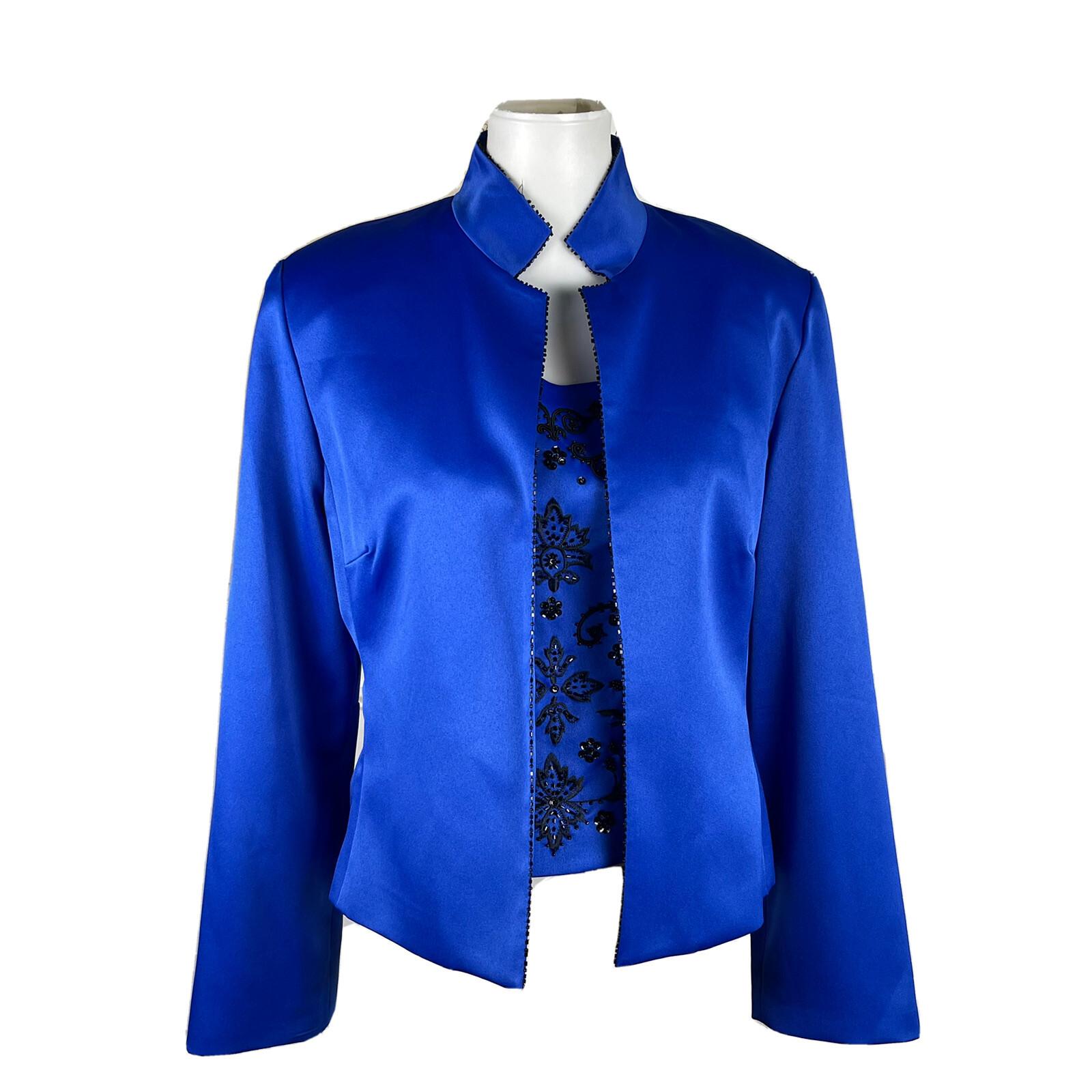 SANDRA DARREN Blue Polyester Beaded embroidered Stand Up Collar Blazer set SZ 12