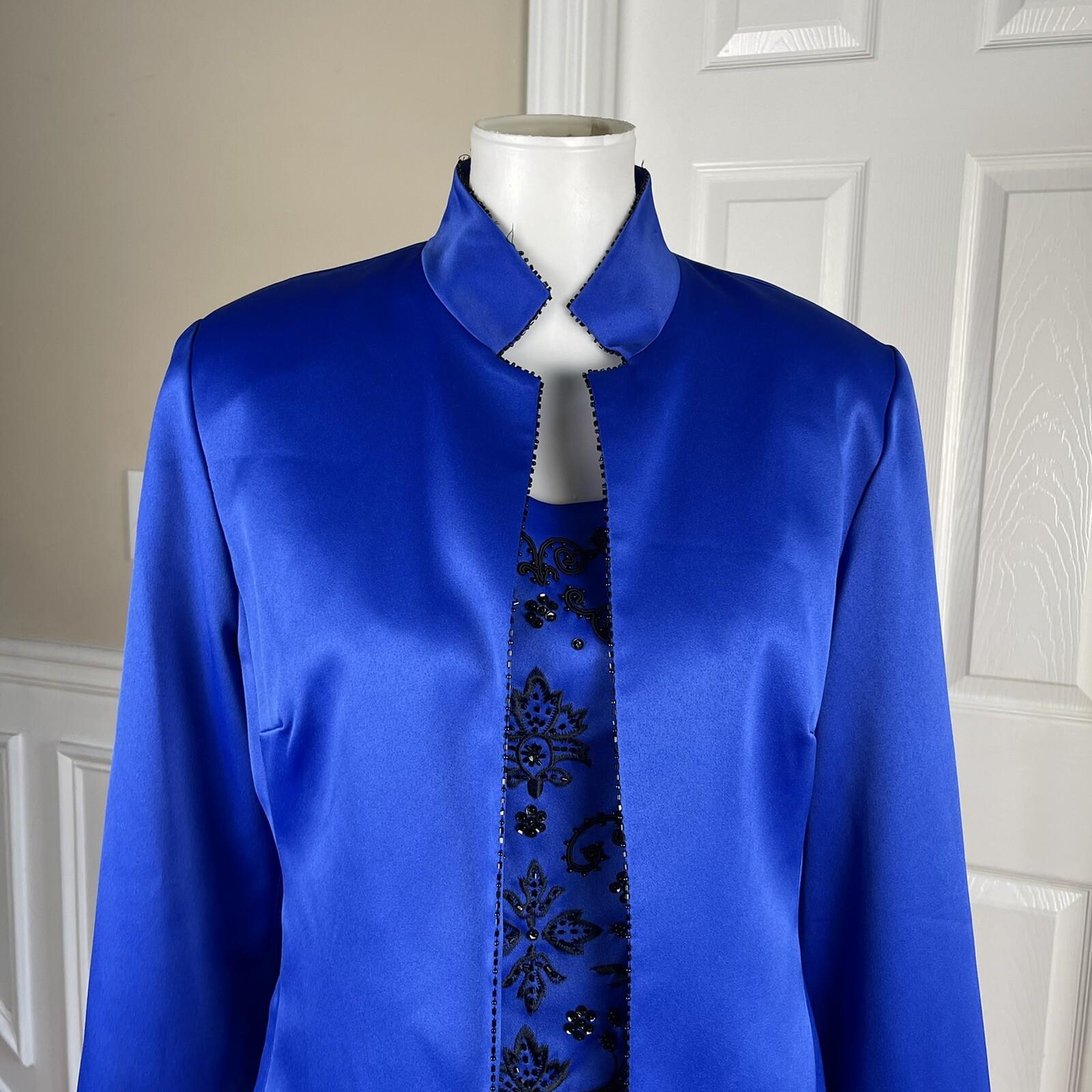 SANDRA DARREN Blue Polyester Beaded embroidered Stand Up Collar Blazer set SZ 12