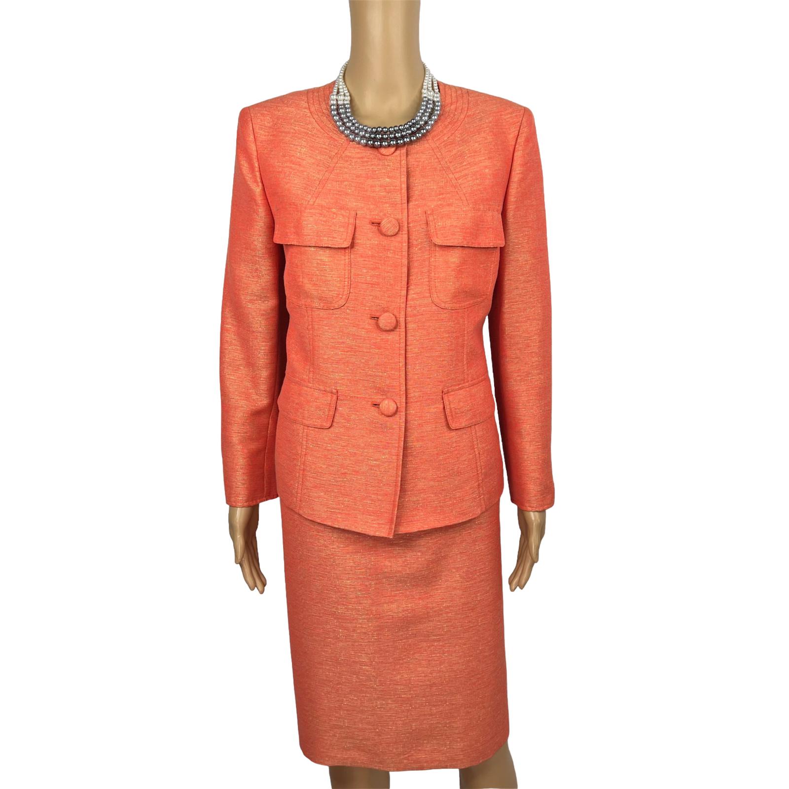 Kasper Polyester Rayon Skirt Suit Size 8 Orange Lined Women 2Piece Collarless