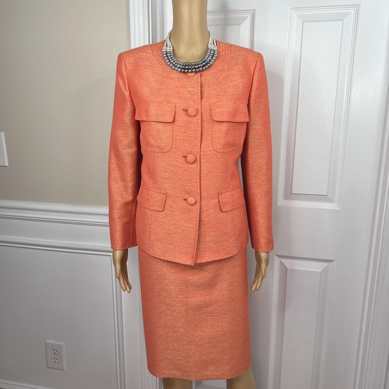 Kasper Polyester Rayon Skirt Suit Size 8 Orange Lined Women 2Piece Collarless