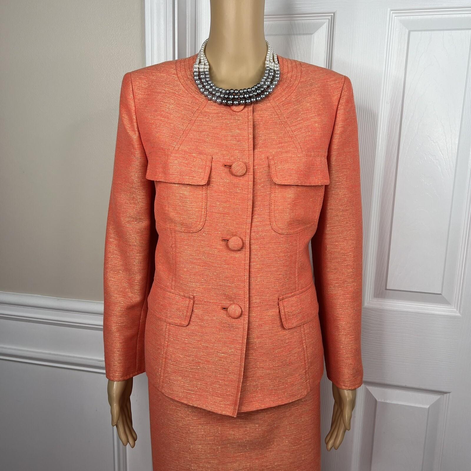 Kasper Polyester Rayon Skirt Suit Size 8 Orange Lined Women 2Piece Collarless