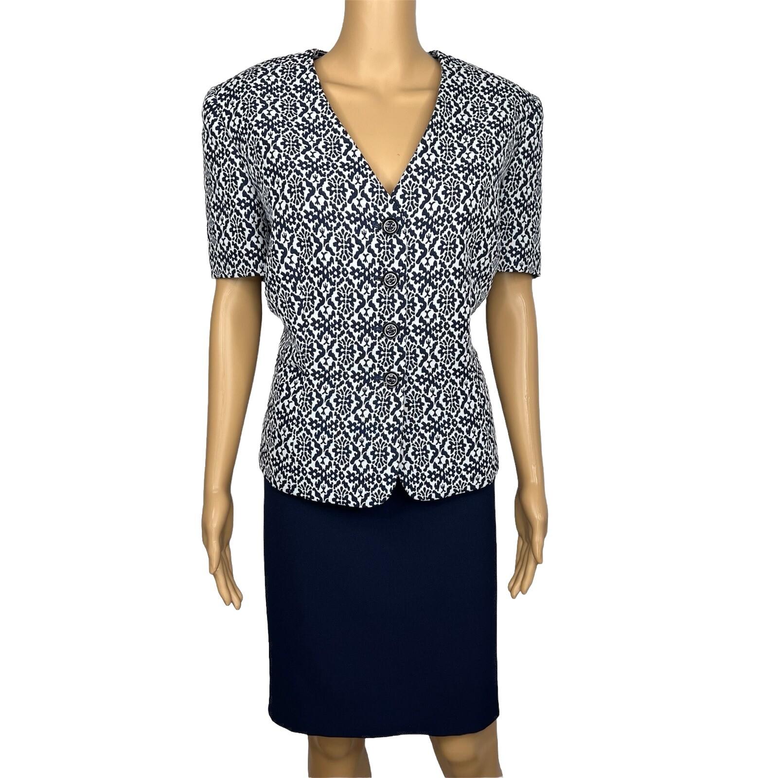Tahari ASL Polyester Spandex Skirt Suit 14 Navy Floral White Short Sleeves 2PC