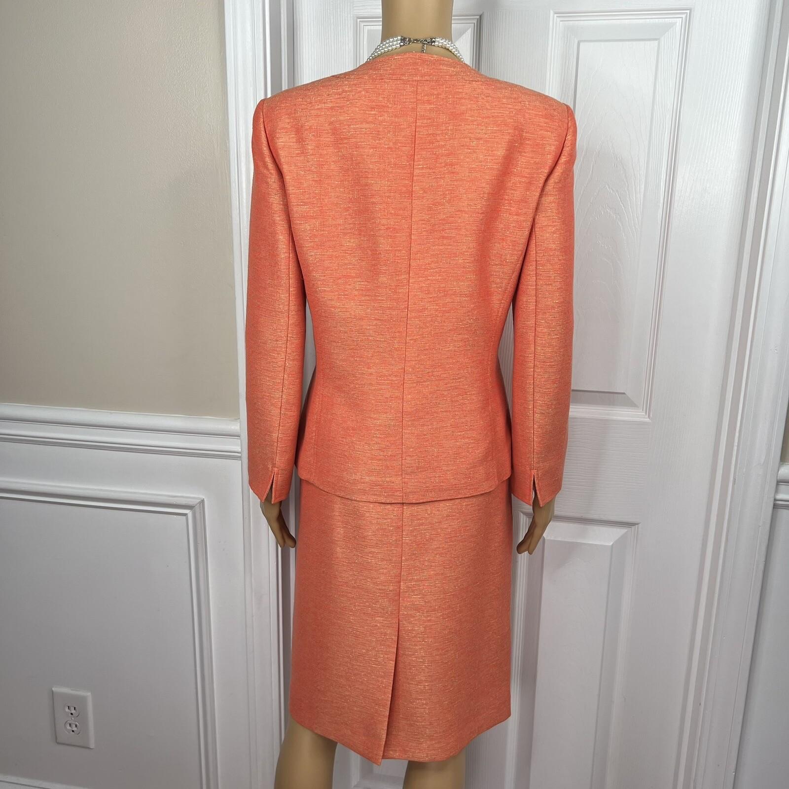 Kasper Polyester Rayon Skirt Suit Size 8 Orange Lined Women 2Piece Collarless