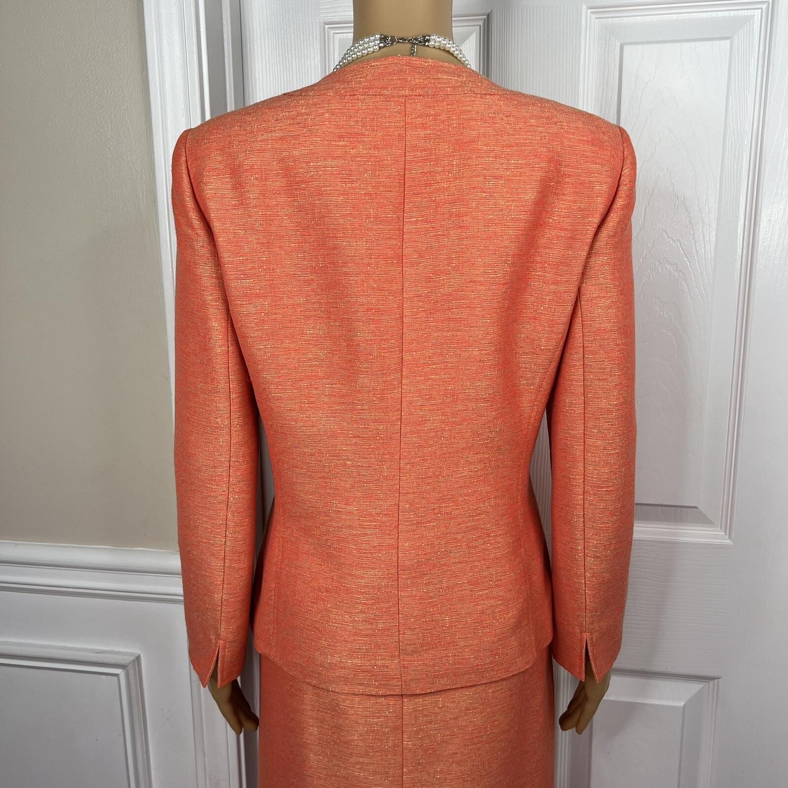 Kasper Polyester Rayon Skirt Suit Size 8 Orange Lined Women 2Piece Collarless