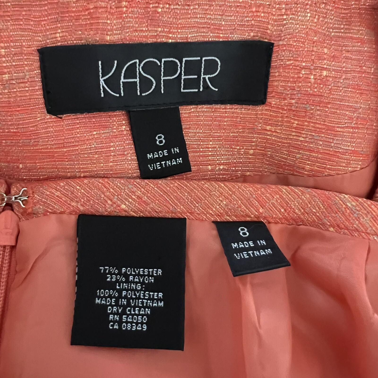 Kasper Polyester Rayon Skirt Suit Size 8 Orange Lined Women 2Piece Collarless