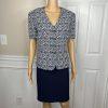 Tahari ASL Polyester Spandex Skirt Suit 14 Navy Floral White Short Sleeves 2PC