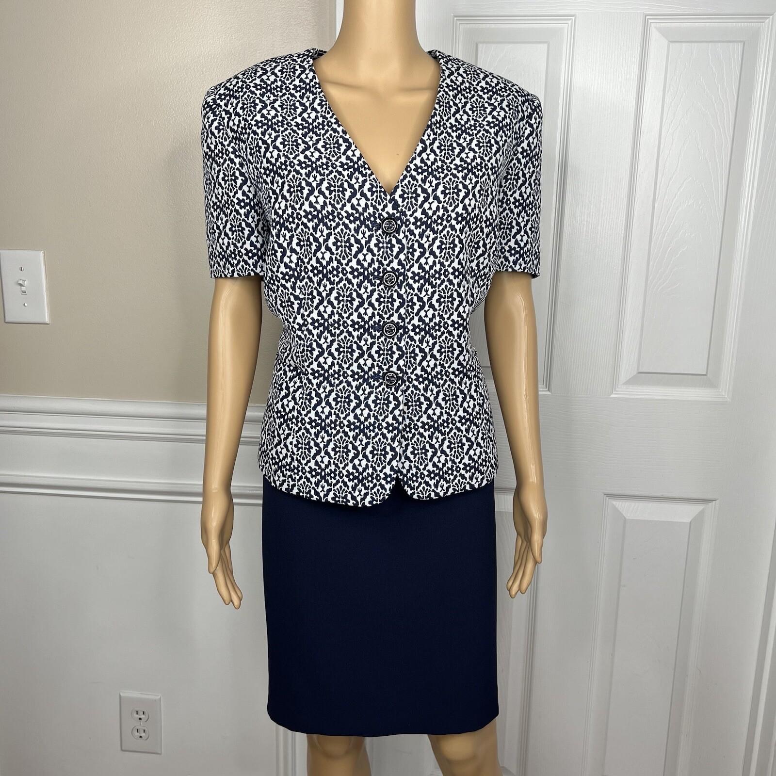 Tahari ASL Polyester Spandex Skirt Suit 14 Navy Floral White Short Sleeves 2PC