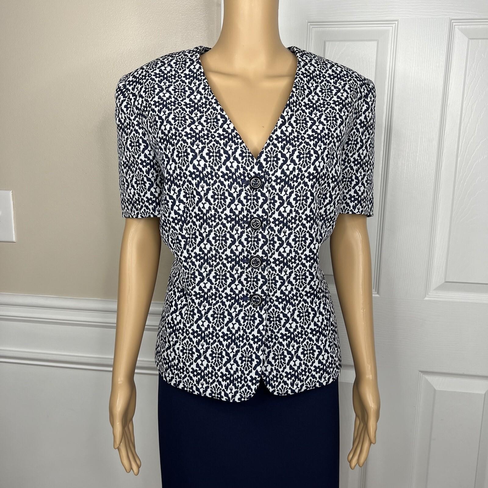 Tahari ASL Polyester Spandex Skirt Suit 14 Navy Floral White Short Sleeves 2PC