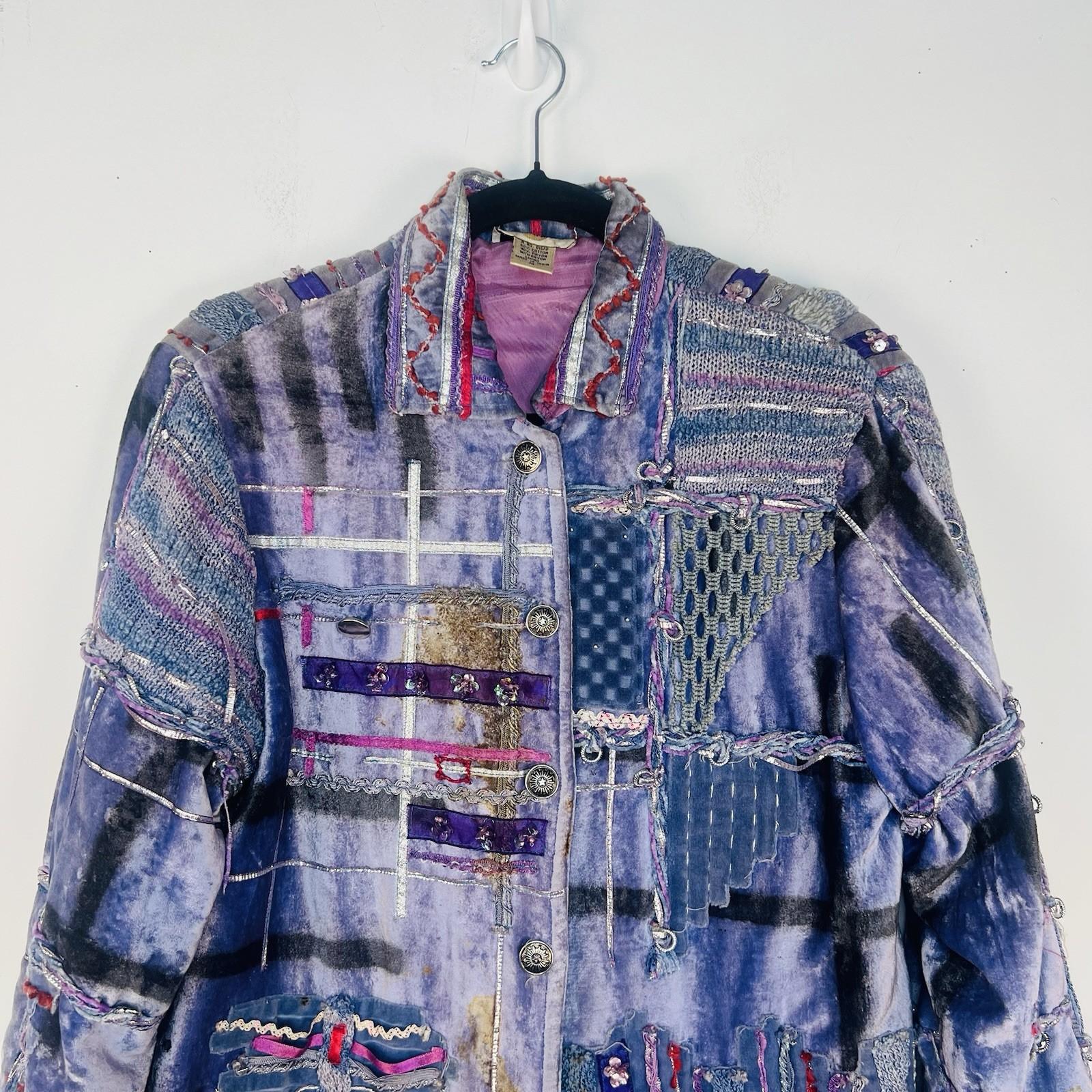 Vintage Sandy Starkman Artsy Jacket M Embroidered Crochet Patchwork Gray Pink