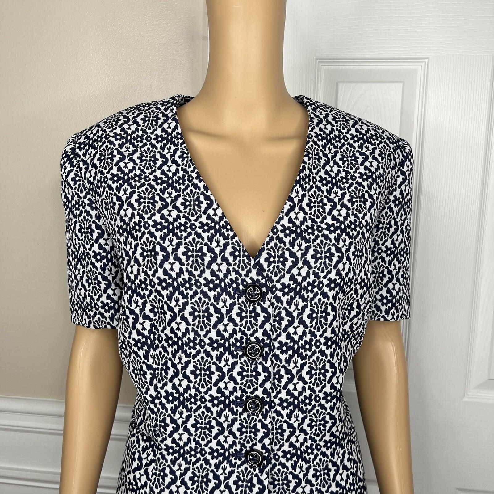 Tahari ASL Polyester Spandex Skirt Suit 14 Navy Floral White Short Sleeves 2PC