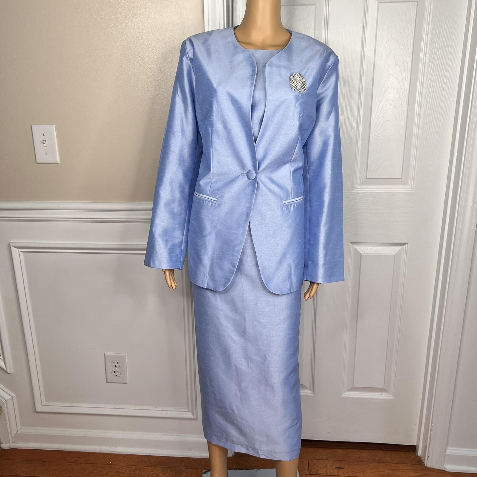 TALLY TAYLOR 3PC Slate Blue Polyester Collarless Cocktail Skirt Suit Top Size 14