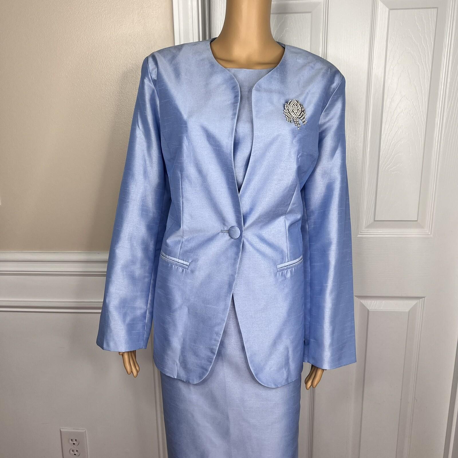 TALLY TAYLOR 3PC Slate Blue Polyester Collarless Cocktail Skirt Suit Top Size 14