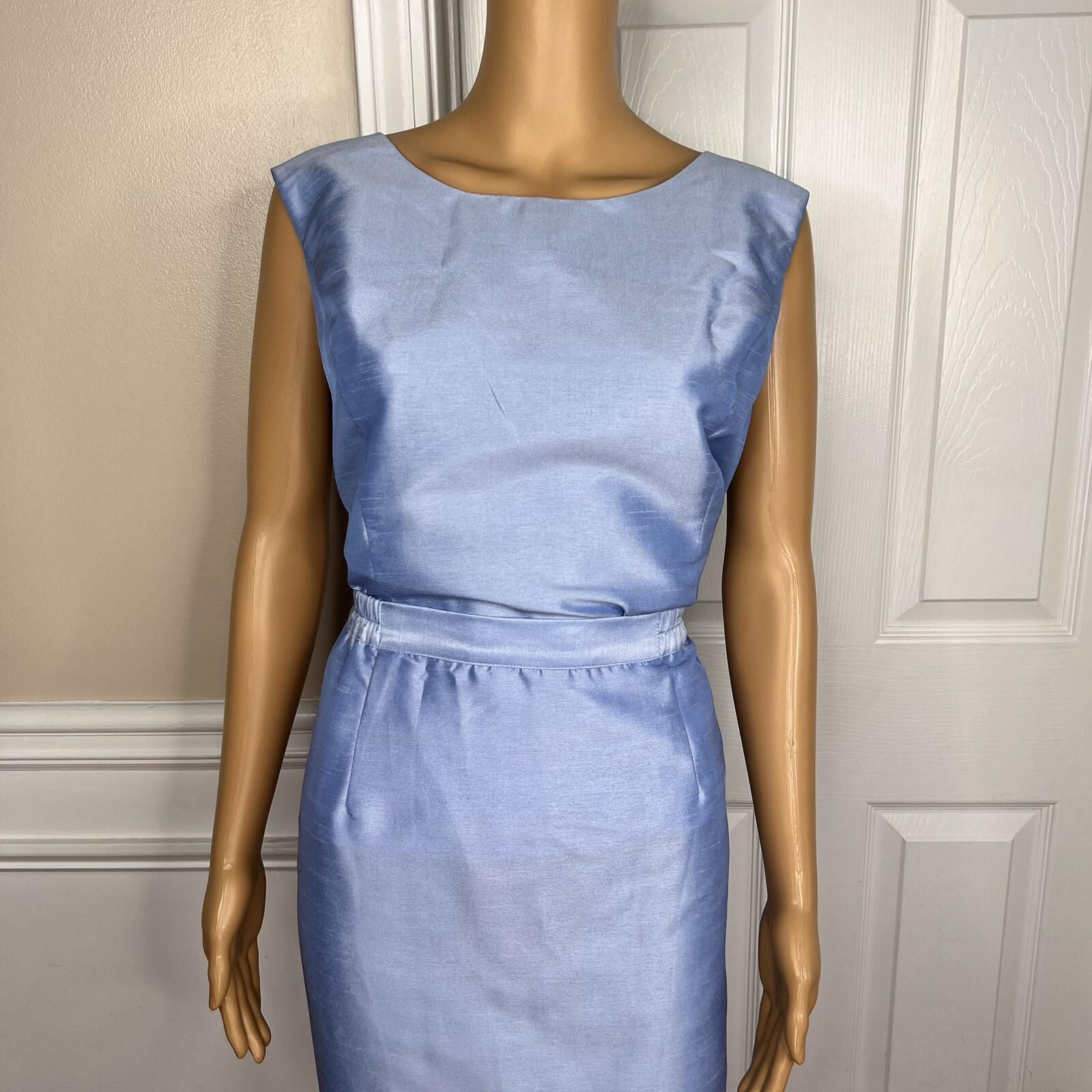 TALLY TAYLOR 3PC Slate Blue Polyester Collarless Cocktail Skirt Suit Top Size 14