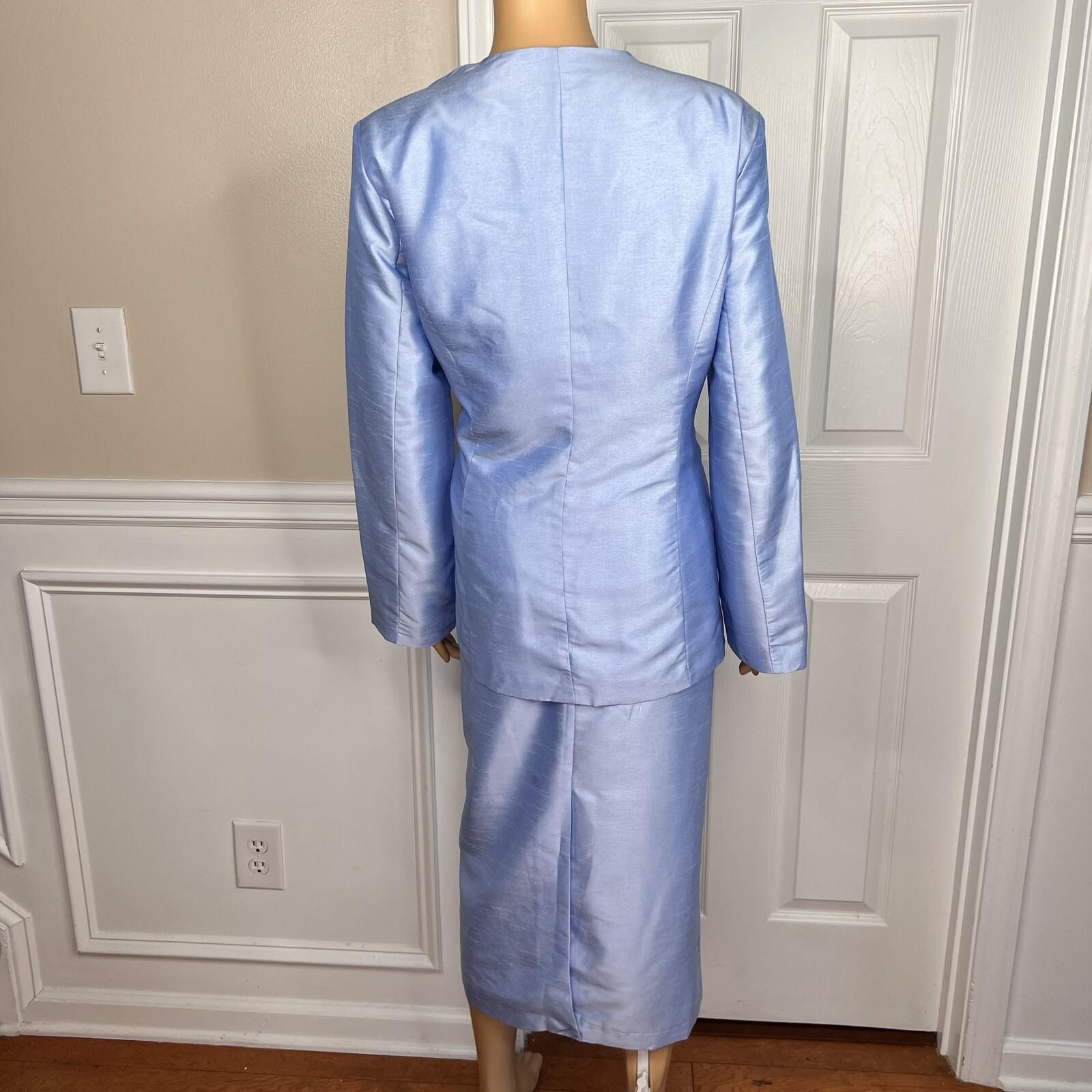 TALLY TAYLOR 3PC Slate Blue Polyester Collarless Cocktail Skirt Suit Top Size 14