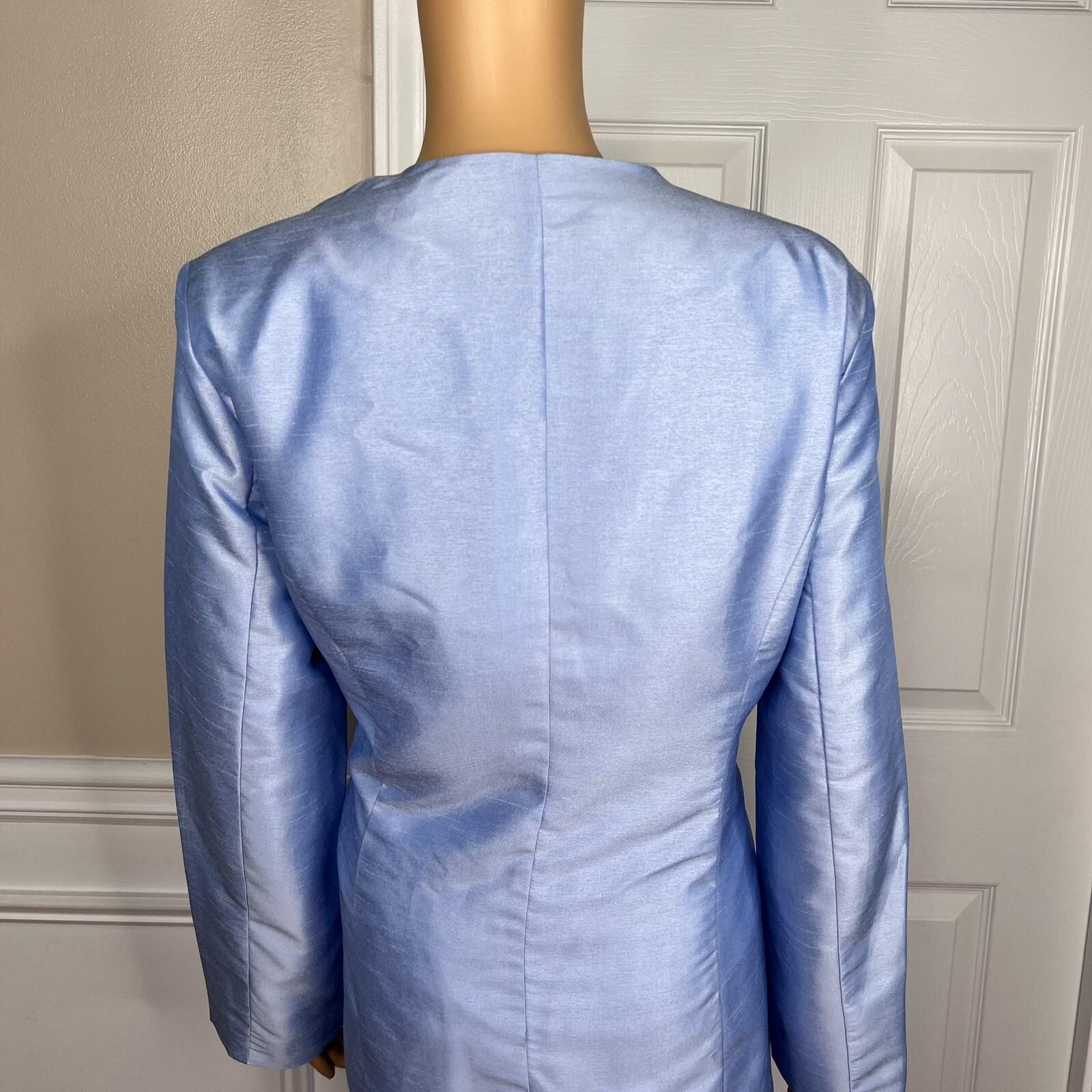 TALLY TAYLOR 3PC Slate Blue Polyester Collarless Cocktail Skirt Suit Top Size 14