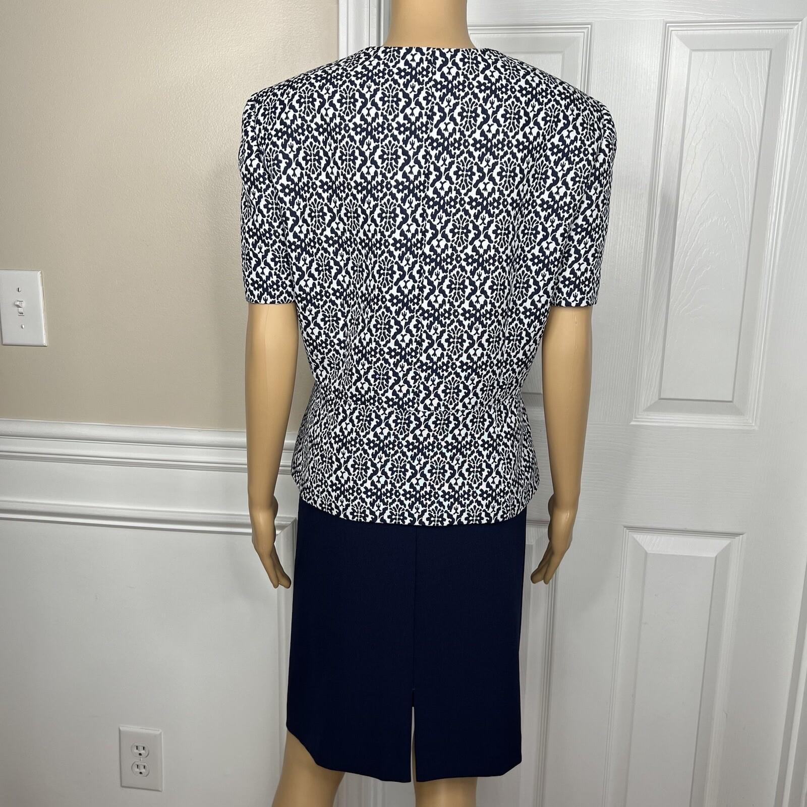 Tahari ASL Polyester Spandex Skirt Suit 14 Navy Floral White Short Sleeves 2PC