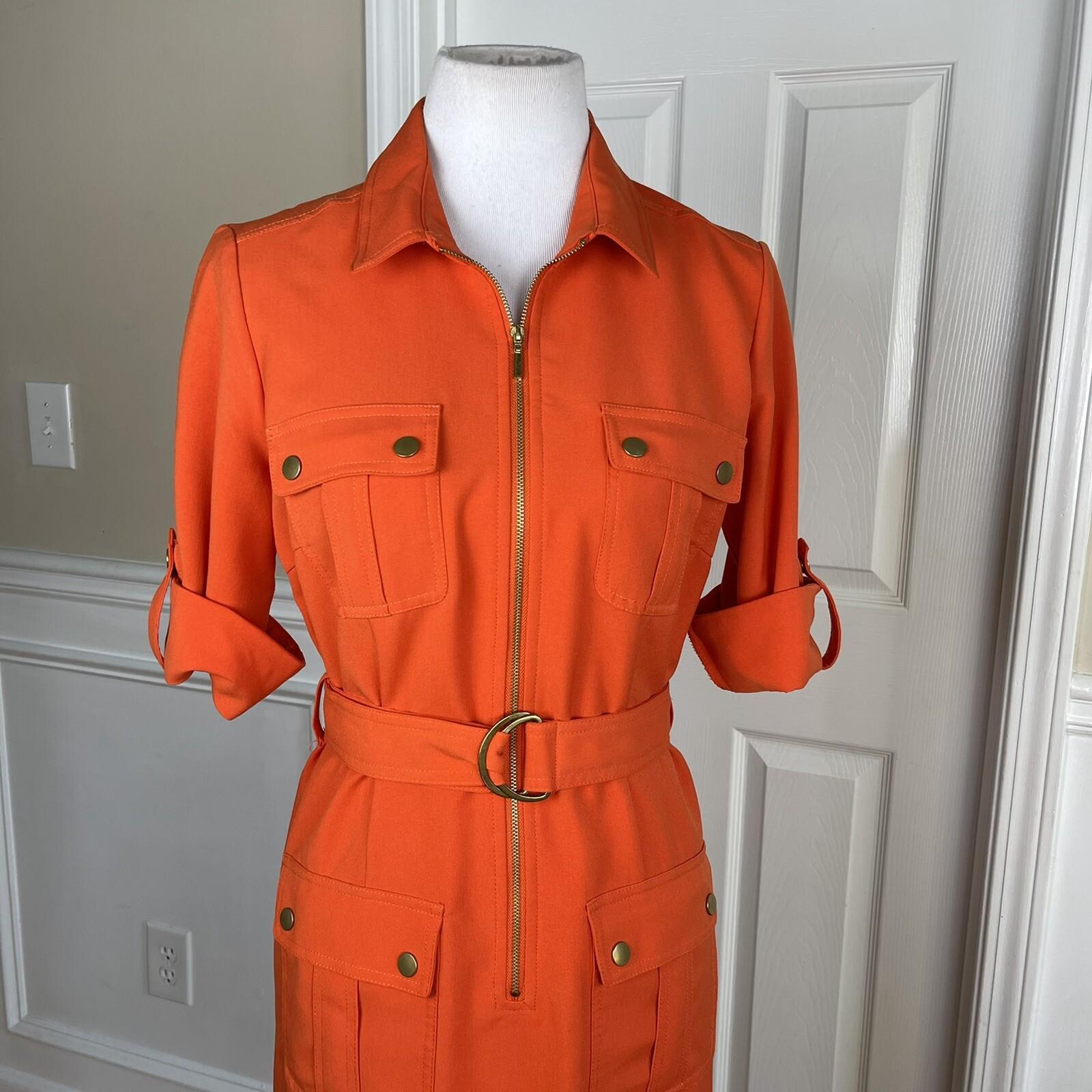 SHARAGANO Women 1PC Orange Belted Zip Up A-Line Dress Size 6