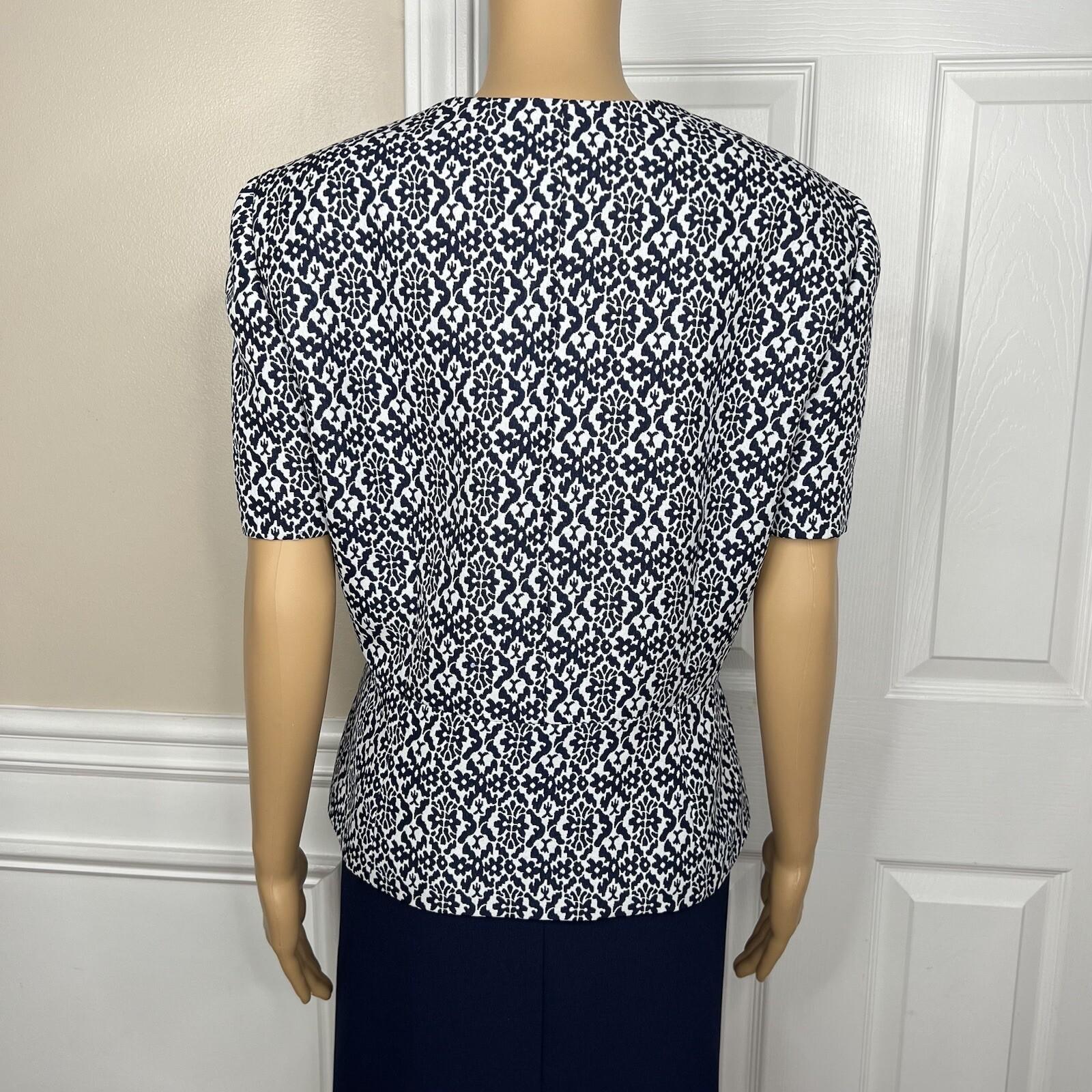Tahari ASL Polyester Spandex Skirt Suit 14 Navy Floral White Short Sleeves 2PC