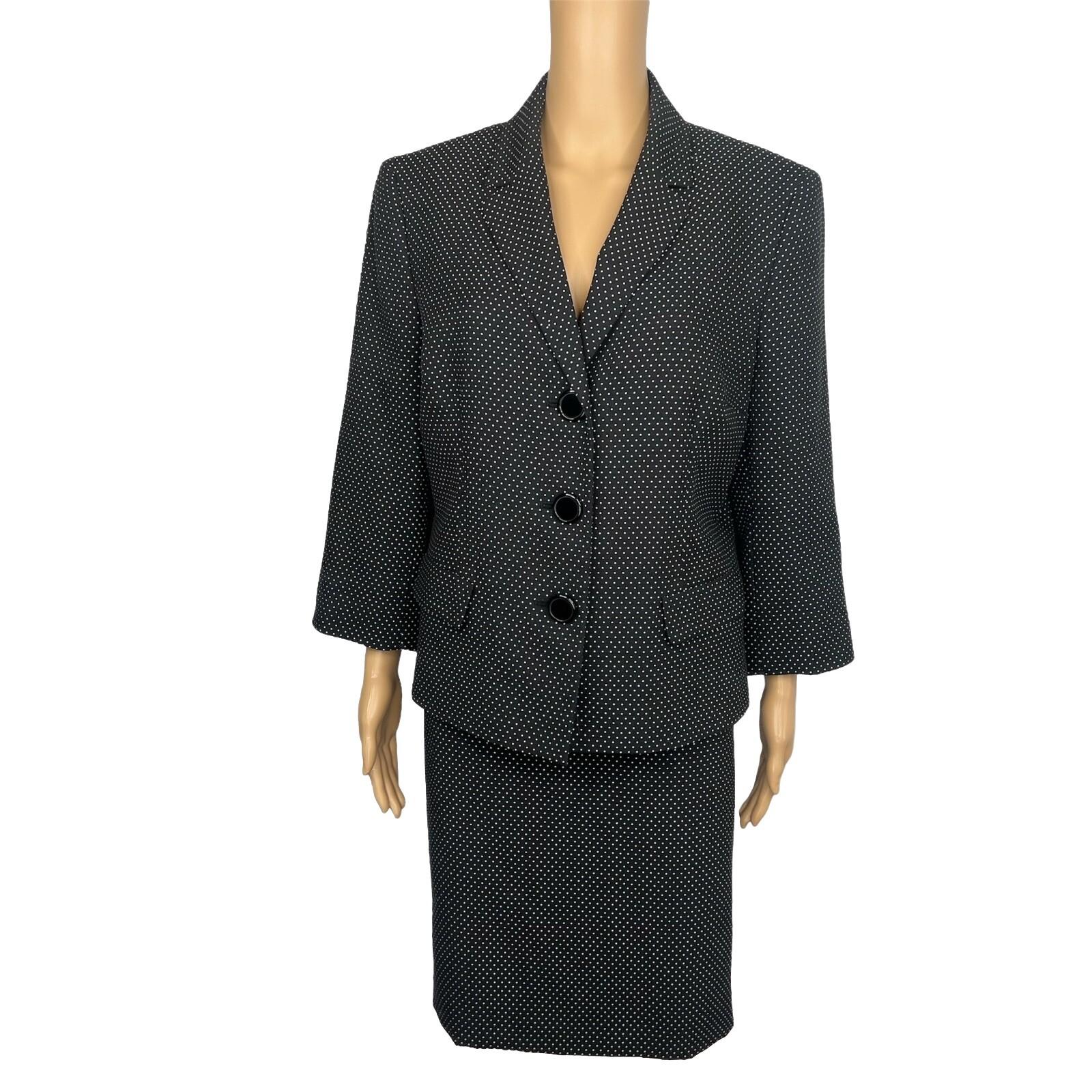 10-687.jpg Le Suit Women Polyester Skirt Suit Size 14 Black White Notch Collar Lined 2PC
