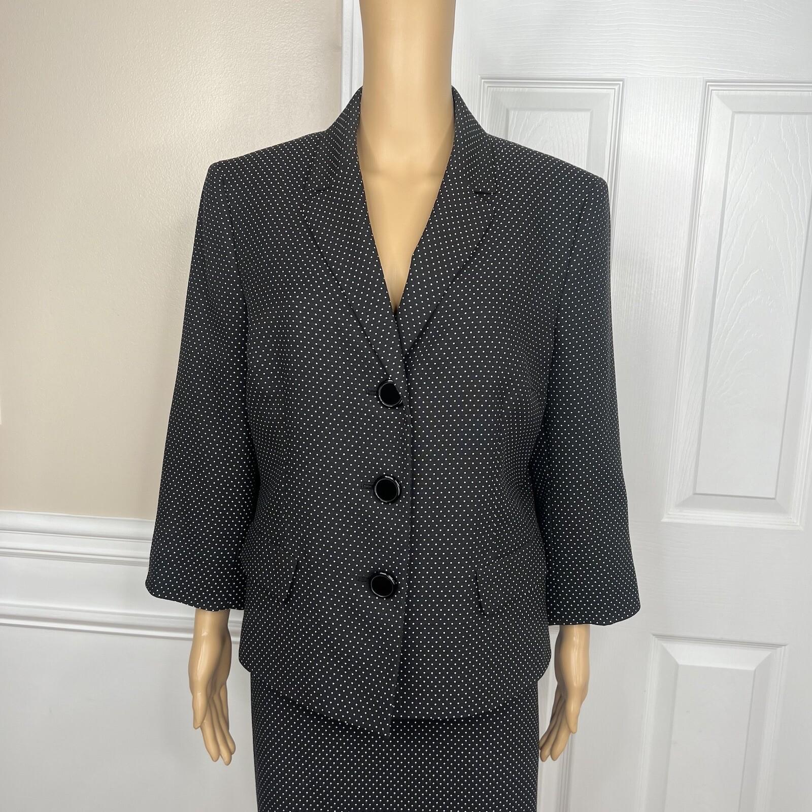 10-689.jpg Le Suit Women Polyester Skirt Suit Size 14 Black White Notch Collar Lined 2PC