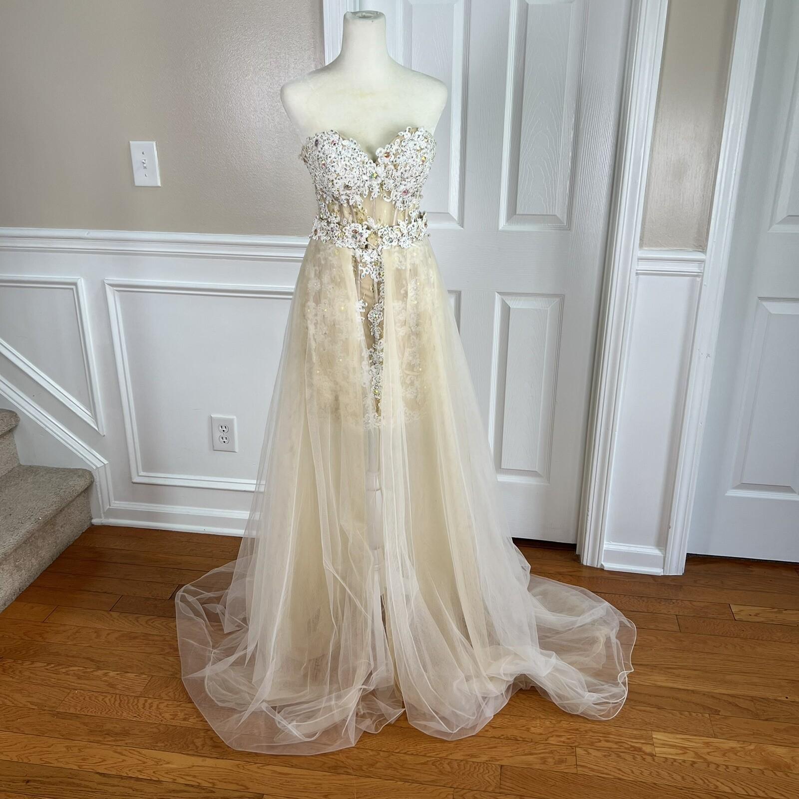 ANGELA & ALISON Wedding Dress 2 Gold Embellished Beaded Strapless Stretchy Veil