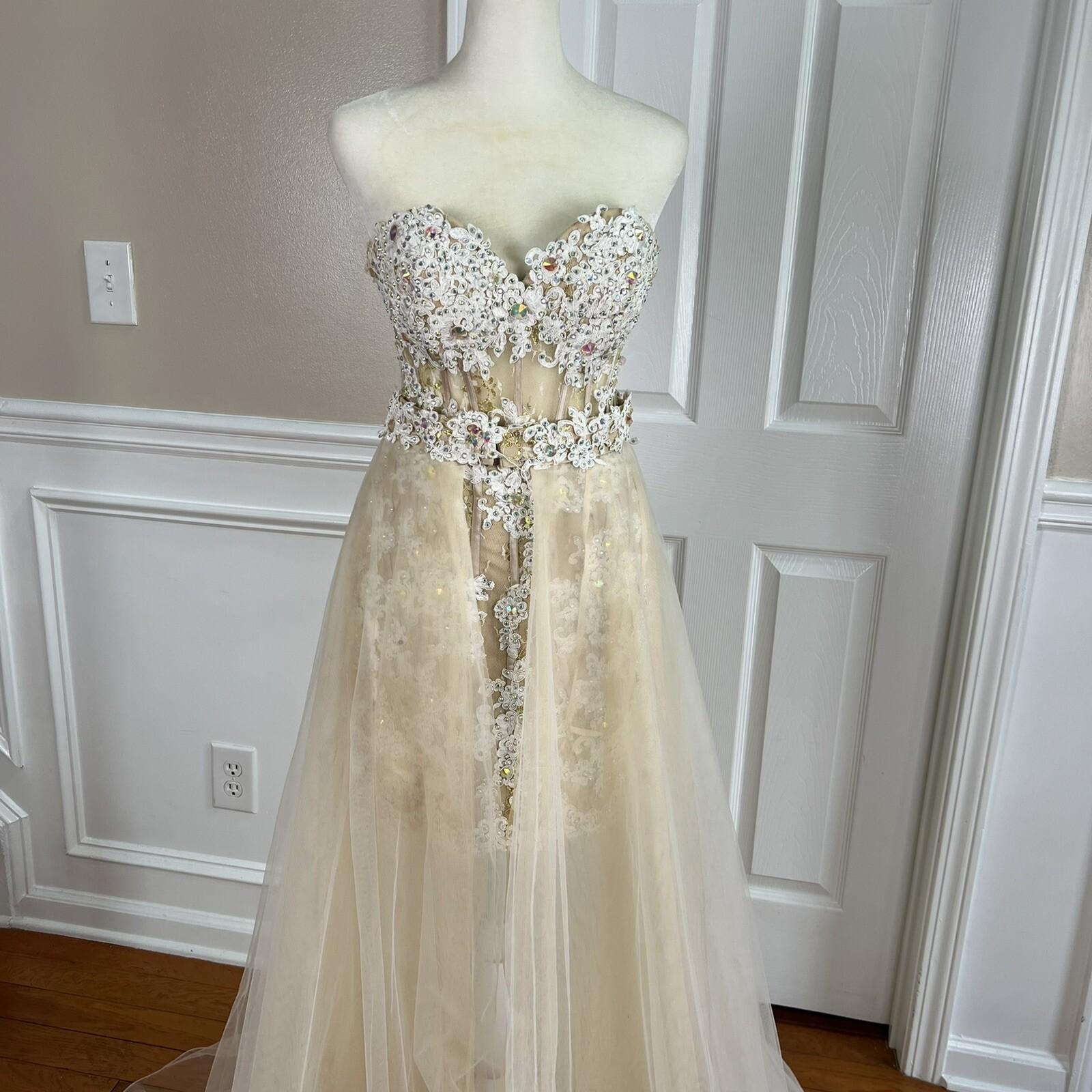 ANGELA & ALISON Wedding Dress 2 Gold Embellished Beaded Strapless Stretchy Veil