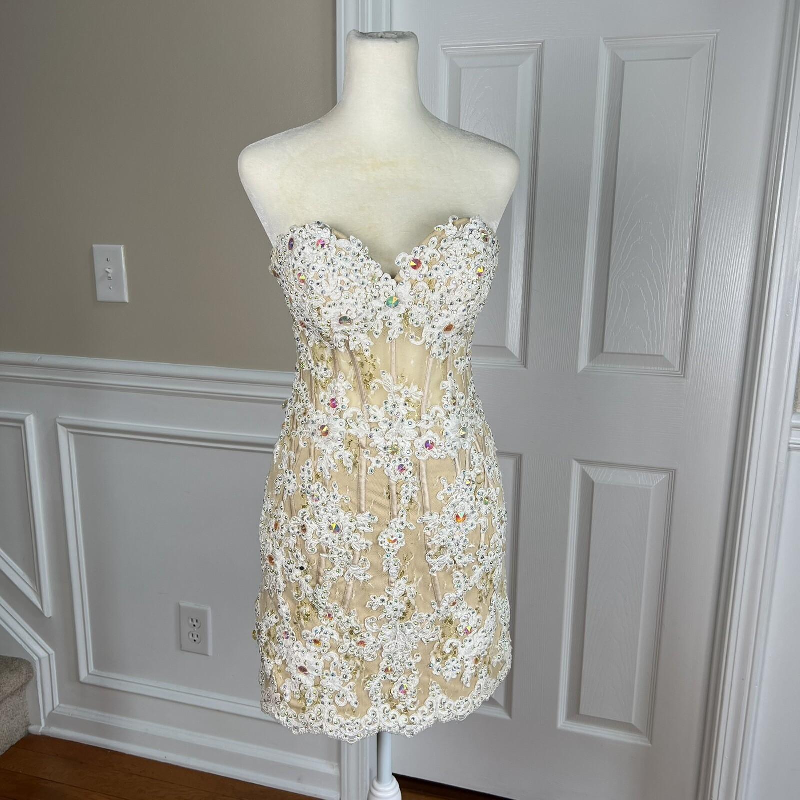 ANGELA & ALISON Wedding Dress 2 Gold Embellished Beaded Strapless Stretchy Veil