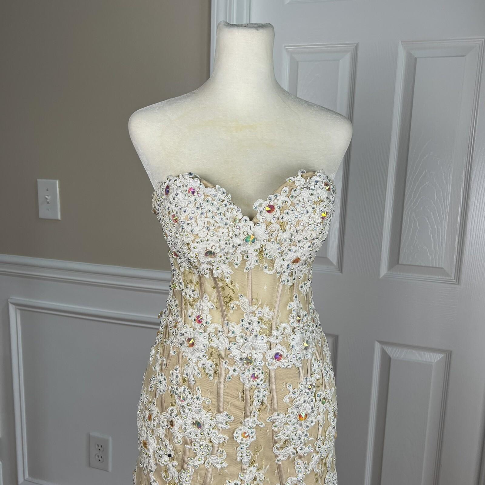 ANGELA & ALISON Wedding Dress 2 Gold Embellished Beaded Strapless Stretchy Veil