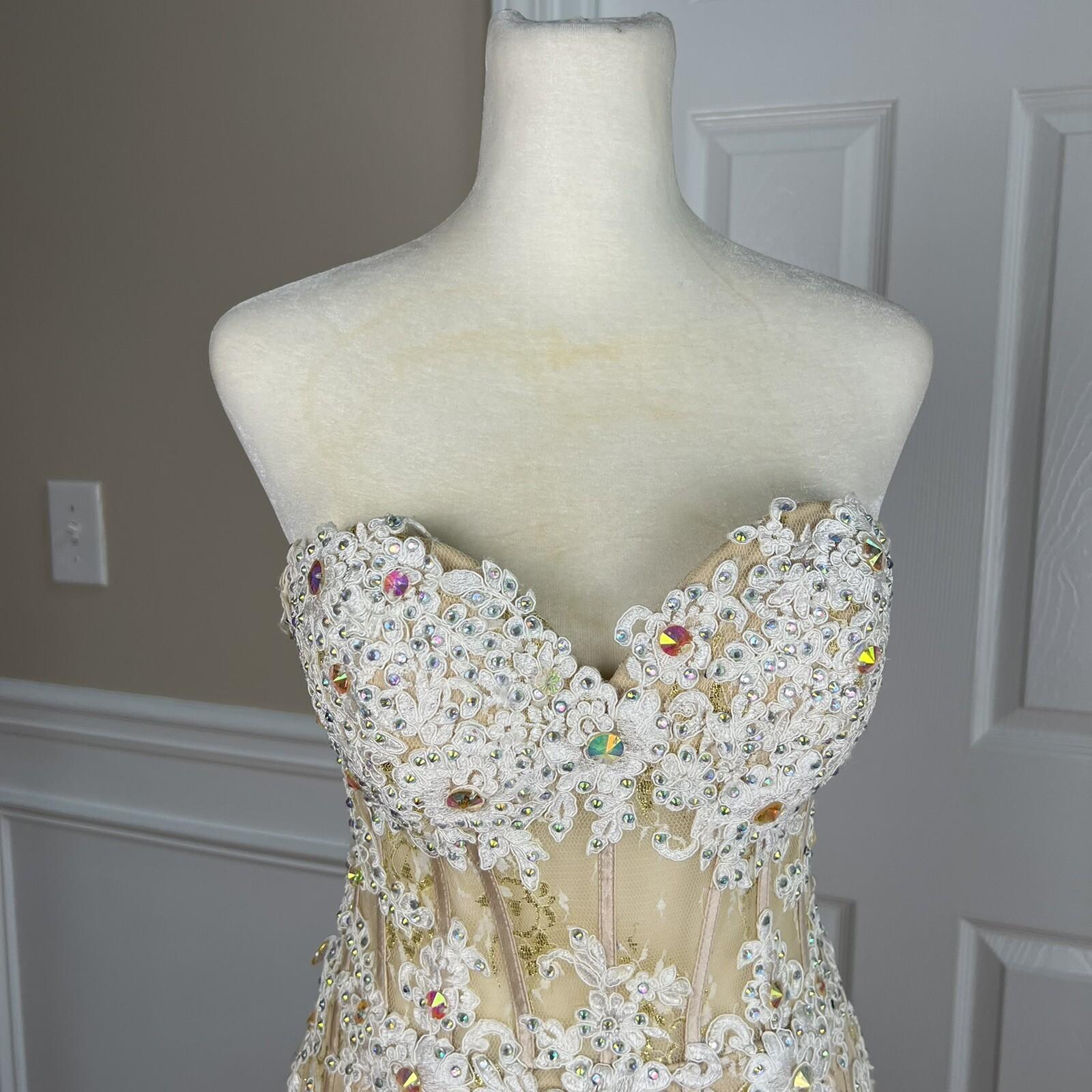ANGELA & ALISON Wedding Dress 2 Gold Embellished Beaded Strapless Stretchy Veil