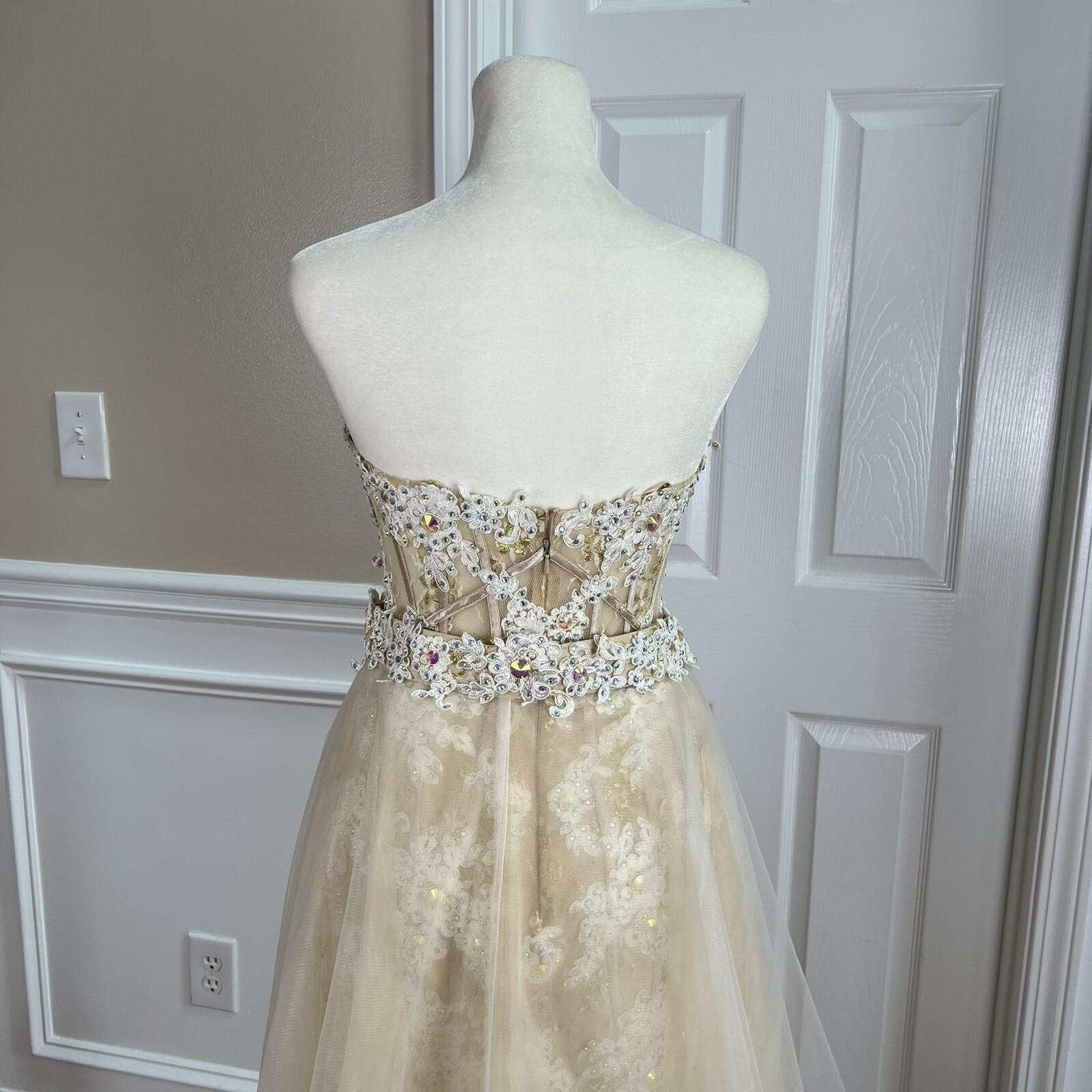 ANGELA & ALISON Wedding Dress 2 Gold Embellished Beaded Strapless Stretchy Veil