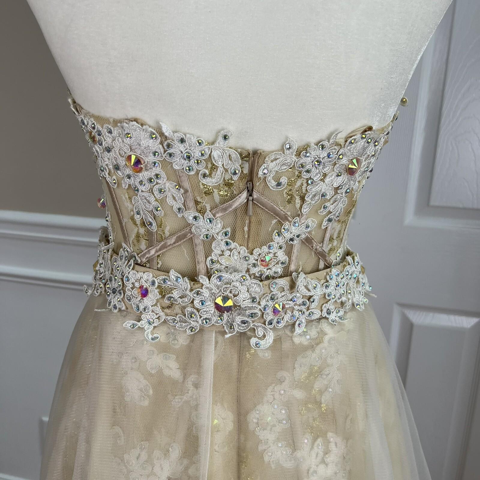 ANGELA & ALISON Wedding Dress 2 Gold Embellished Beaded Strapless Stretchy Veil
