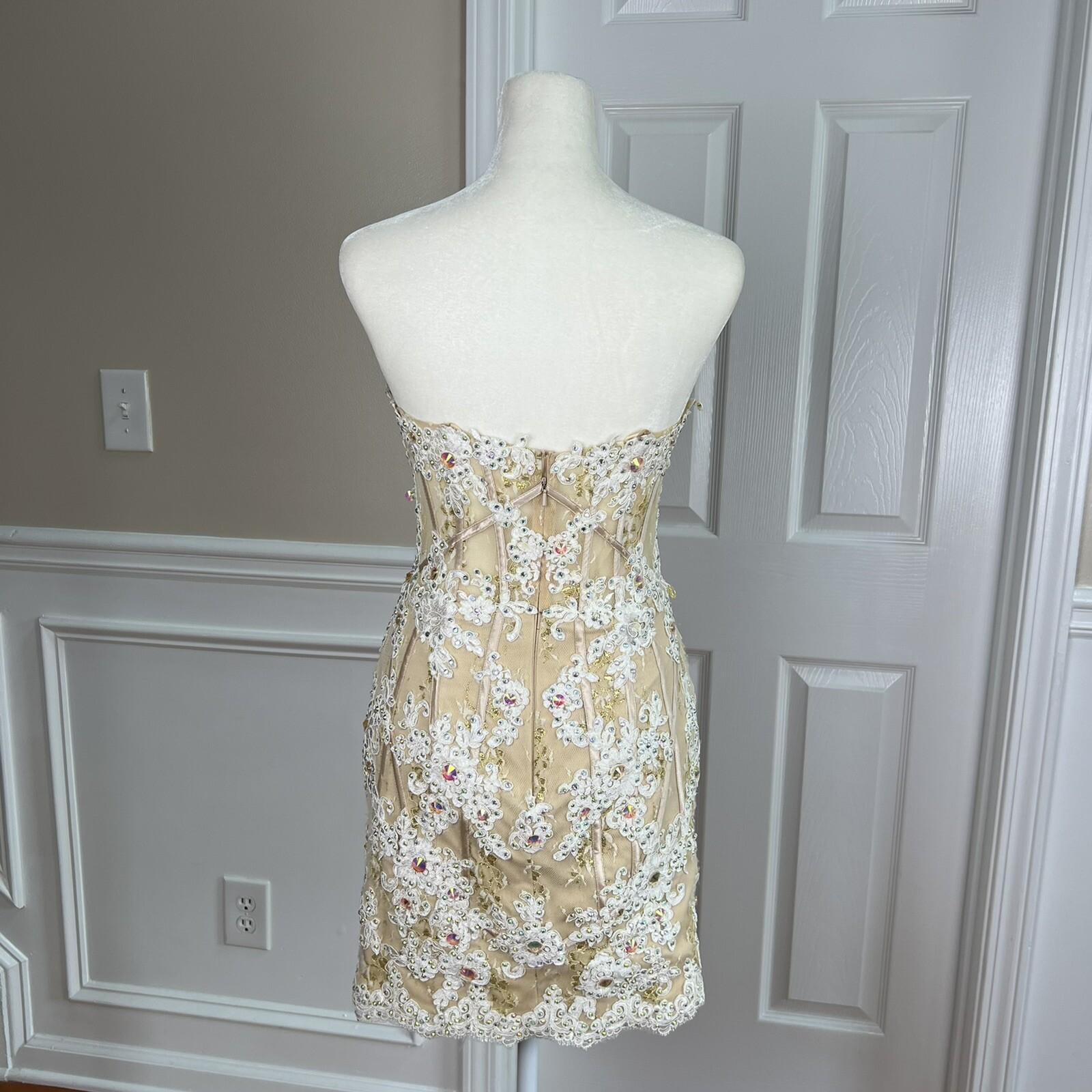 ANGELA & ALISON Wedding Dress 2 Gold Embellished Beaded Strapless Stretchy Veil