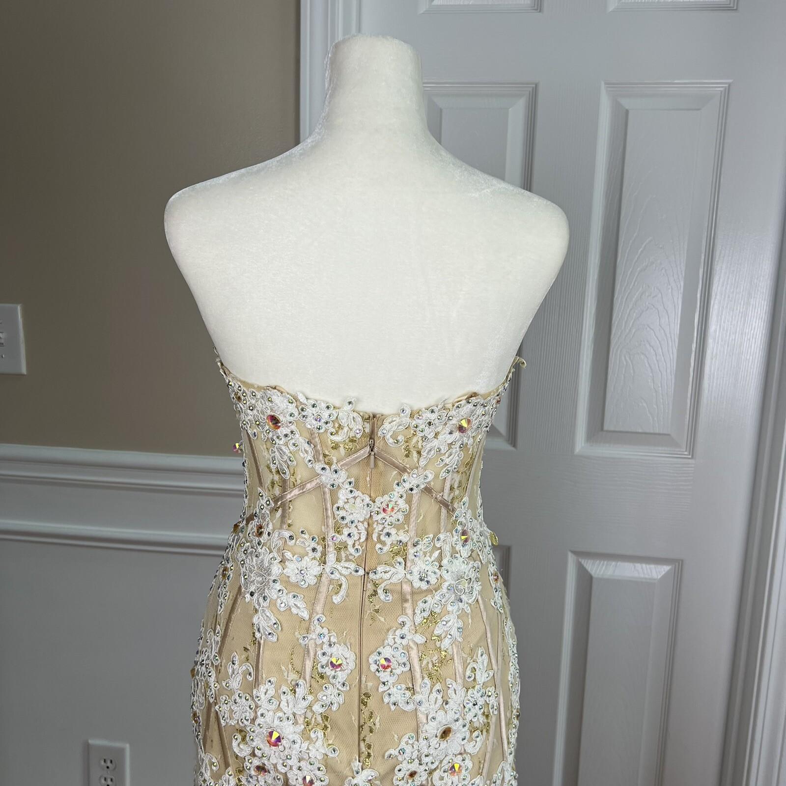ANGELA & ALISON Wedding Dress 2 Gold Embellished Beaded Strapless Stretchy Veil