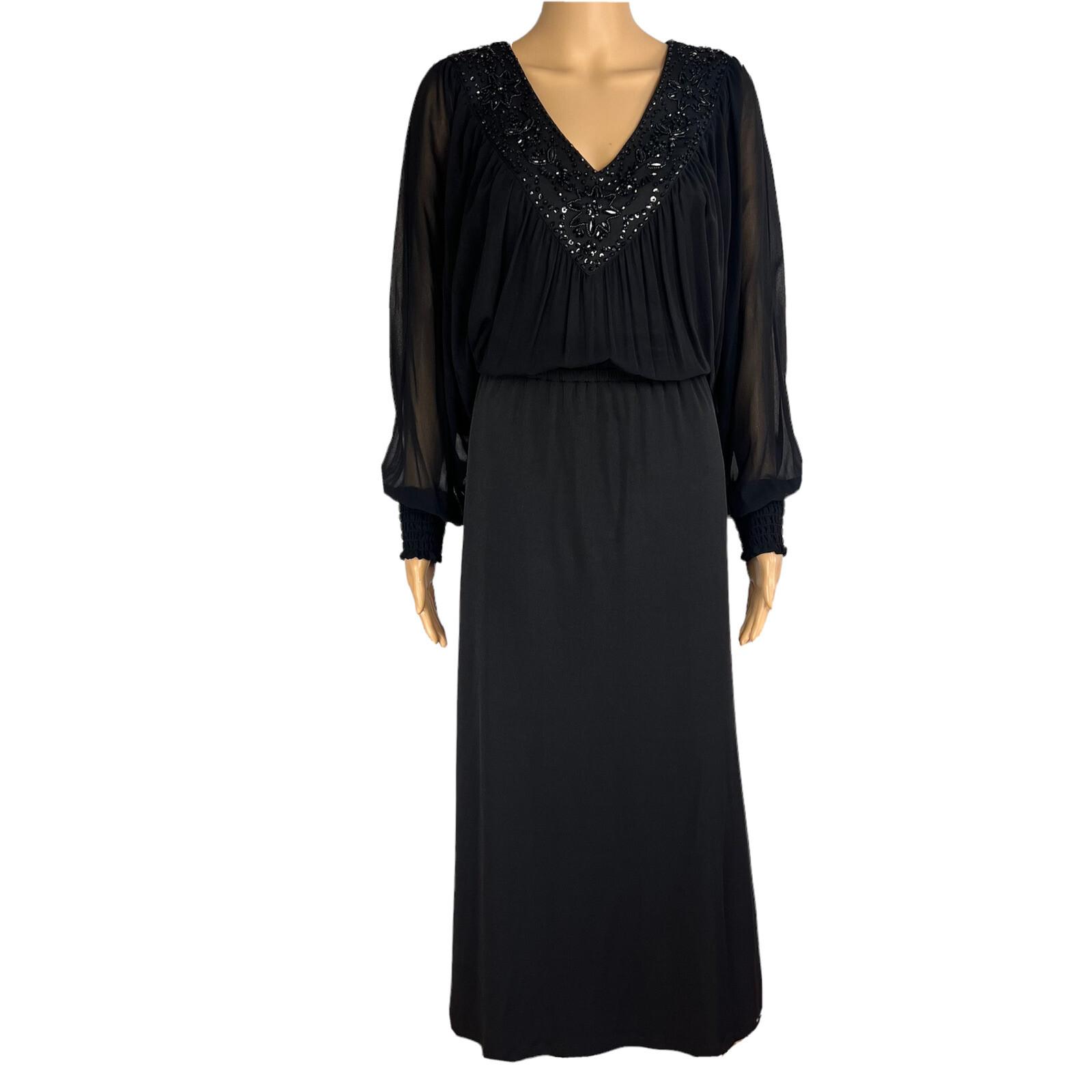 BADGLEY MISCHKA Black Beaded Polyester Stretch V Neck Cocktail Dress Size M/L